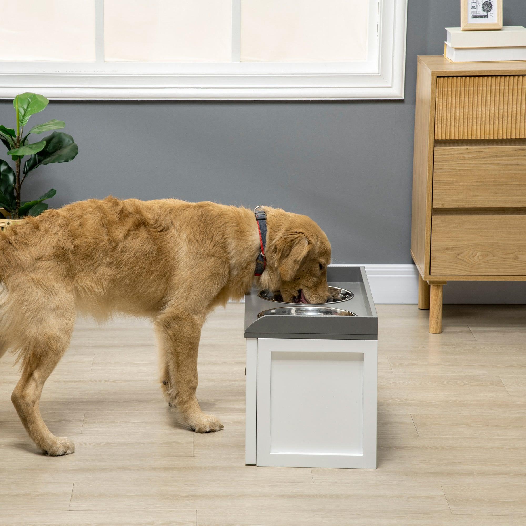 Premium Elevated Dog Feeding Station with Storage Drawer - 2 Removable Stainless Steel Bowls for Large Dogs - White Pet Food Storage Cabinet - Perfect for Kitchen, Laundry Room or Mudroom Organization