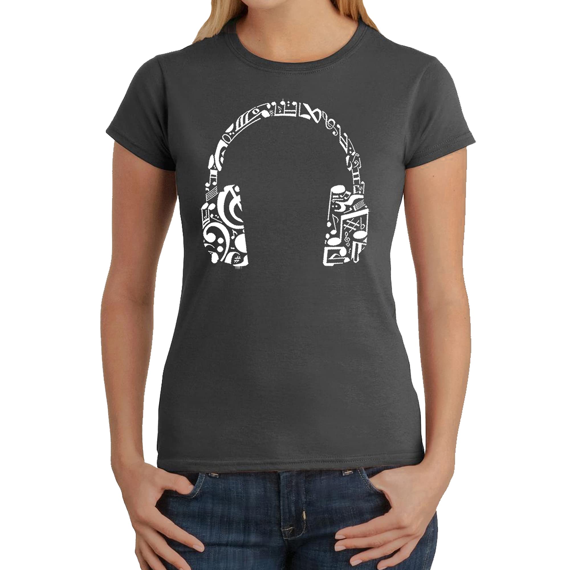 LA POP ART Women's Word Art Graphic T-Shirt with Music Note & Headphones Design - Casual Streetwear for Concerts & Music Lovers
