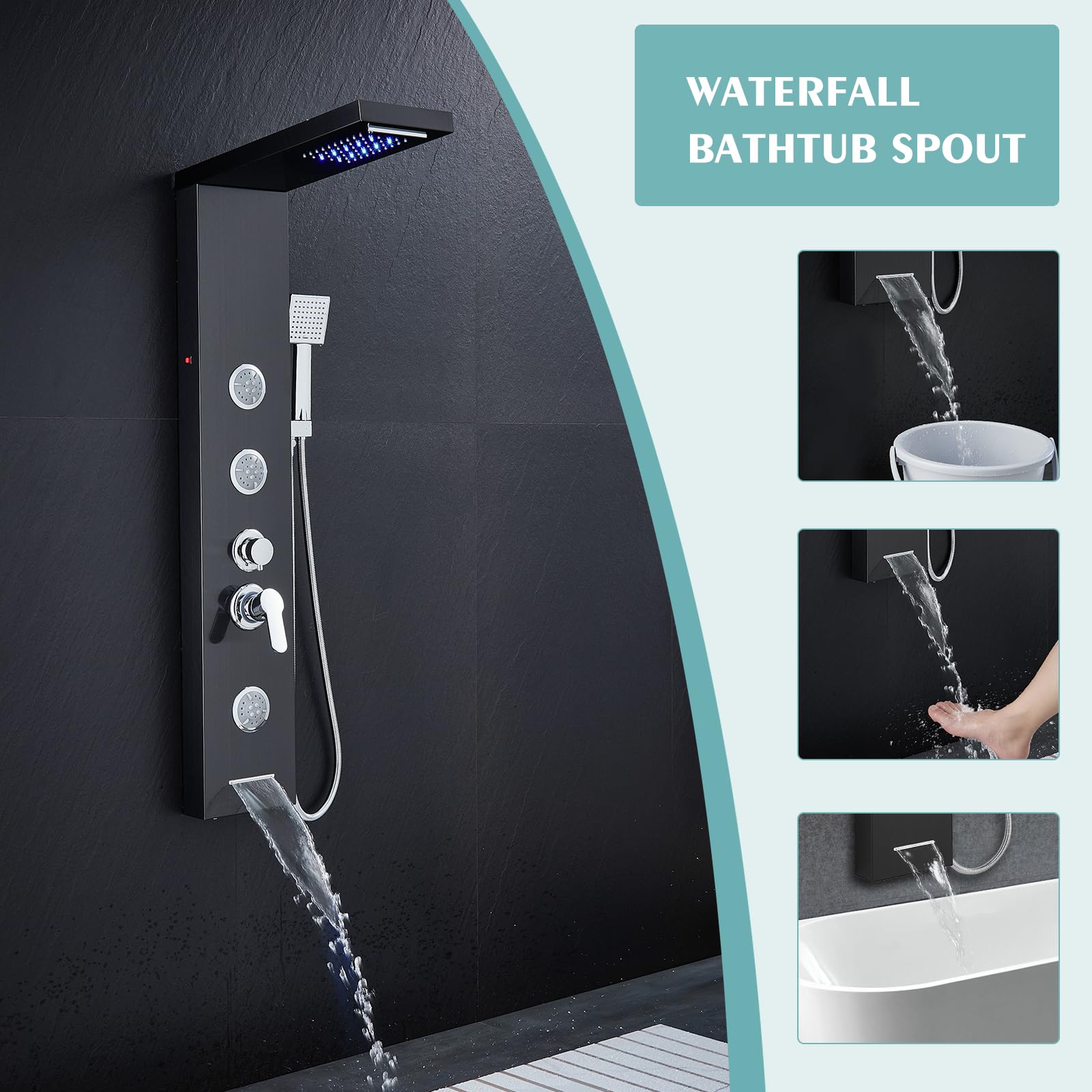 6-in-1 LED Shower Panel Tower System with Rainfall Shower Head, Body Jets & Handheld - Stainless Steel Black Shower Column for Luxury Bathroom Upgrade | Perfect for Modern Homes, Spa Experience & Relaxing Showers