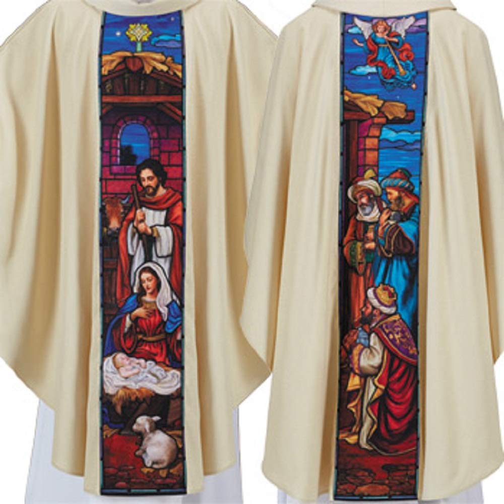 59 Inch Beige Stained Glass Christmas Nativity Chasuble with Inner Stole - Perfect for Church Services, Holiday Celebrations & Nativity Displays