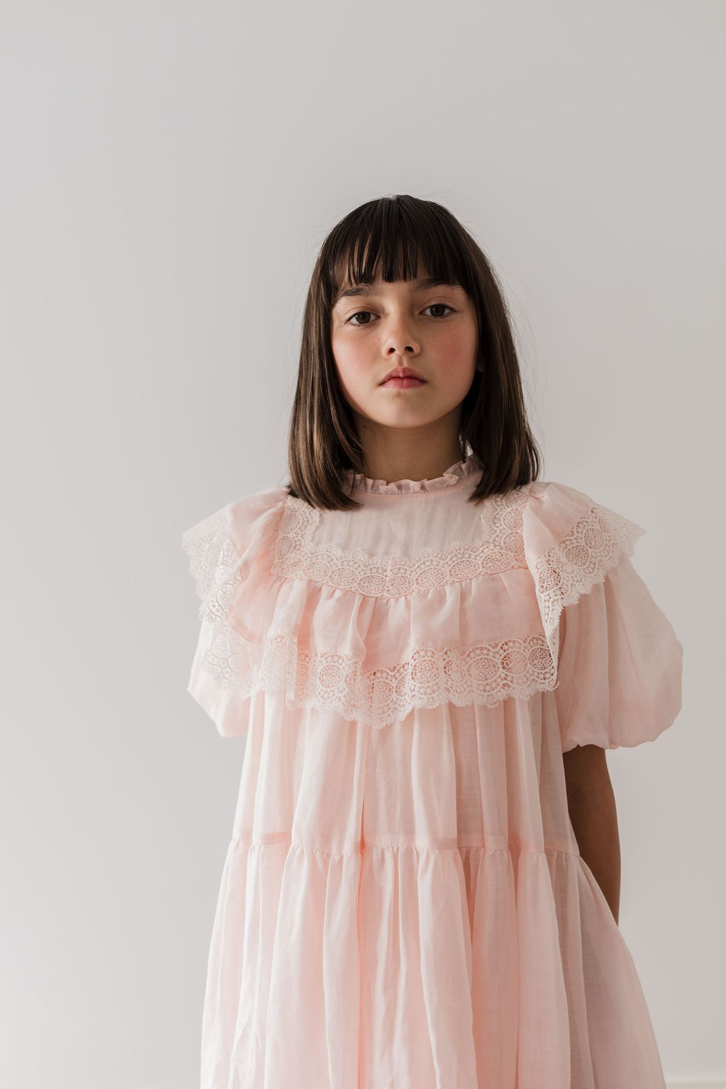 Petite Amalie Short Sleeve Poppy Lace Trim Soft Peach Dress - Perfect for Spring Weddings & Garden Parties