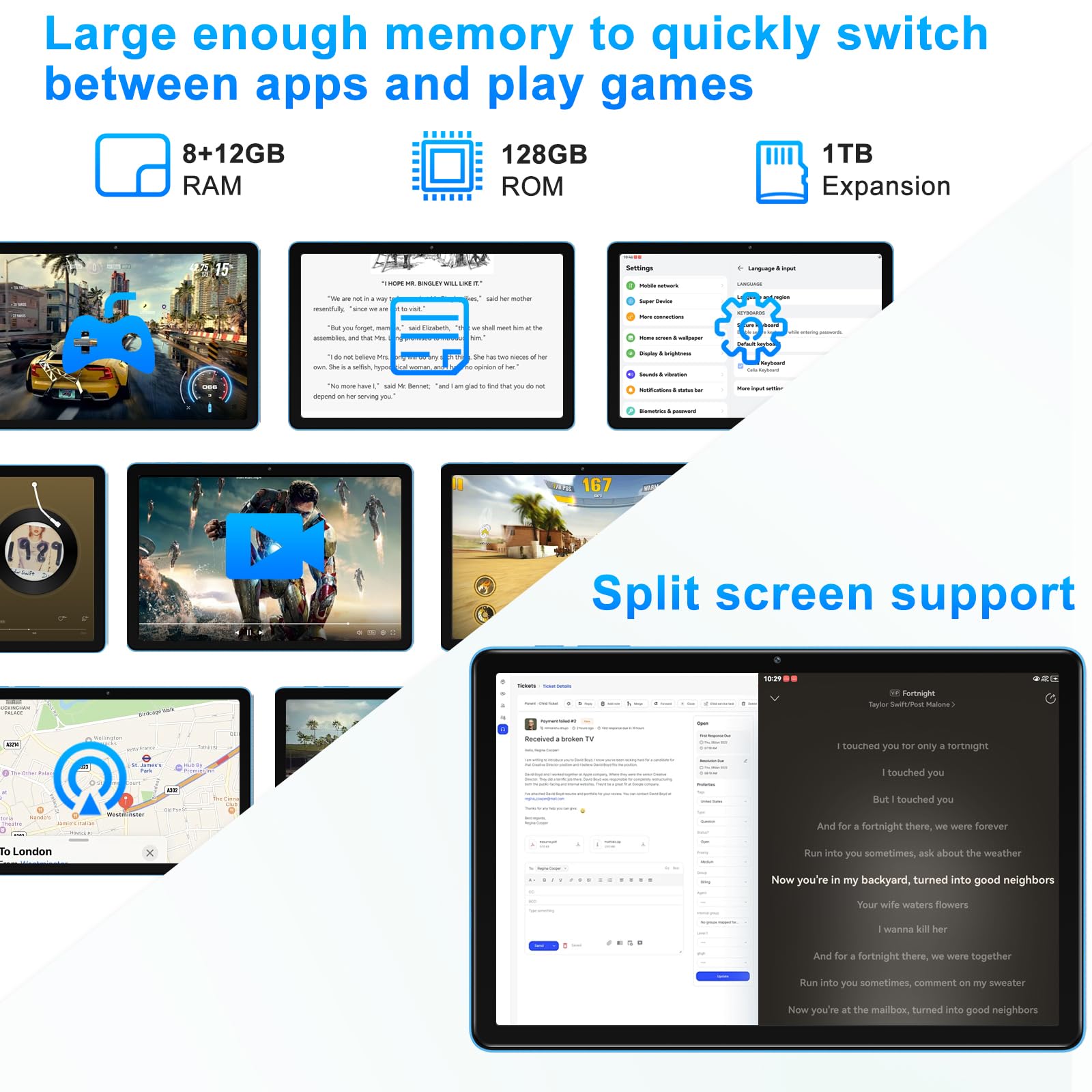 11 Inch Android 14 Tablet with Widevine L1, 8000mAh Battery & 18W Fast Charging, 13MP+5MP Dual Camera, 20GB RAM + 128GB ROM (Expandable to 1TB), 5G WiFi, GPS, Octa-Core 2.0GHz, Face ID, 1280x800 HD Display, Blue - Perfect for Streaming, Gaming & Remote Work