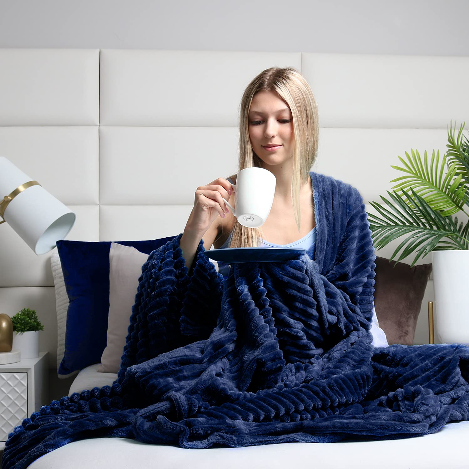 Clara Clark Queen Size Cut Plush Blanket - Ultra Soft Lightweight Luxury Bed Blanket for Adults - Machine Washable Fuzzy Fleece Blanket 90x90 Inches - Navy Blue - Perfect for Bedroom, Sofa, Travel and Gift Giving