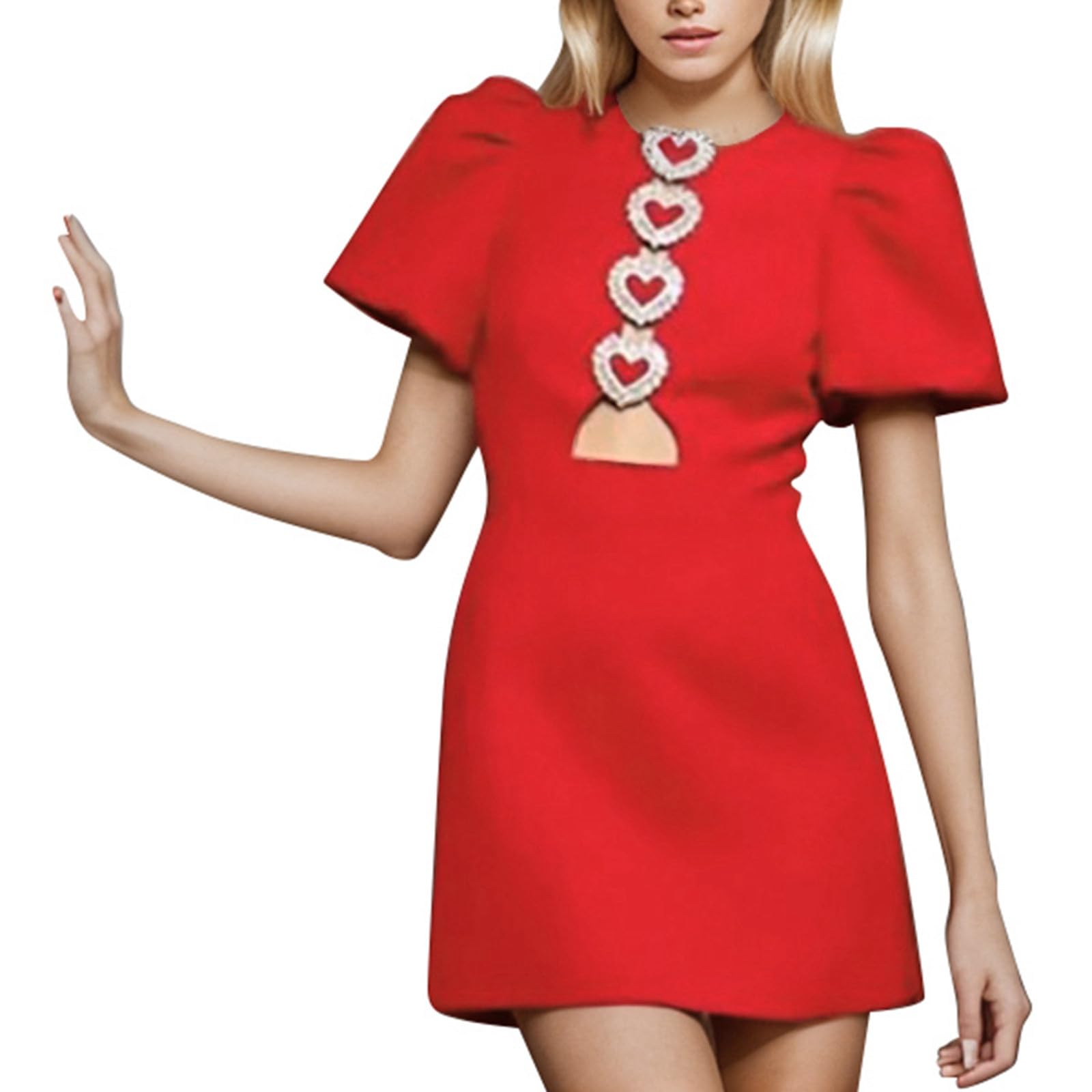 Women's Casual Short Sleeve Solid Color Dress with Heart Decor - Summer Flowy Waist Dress for Everyday Wear, Date Night & Beach Outings