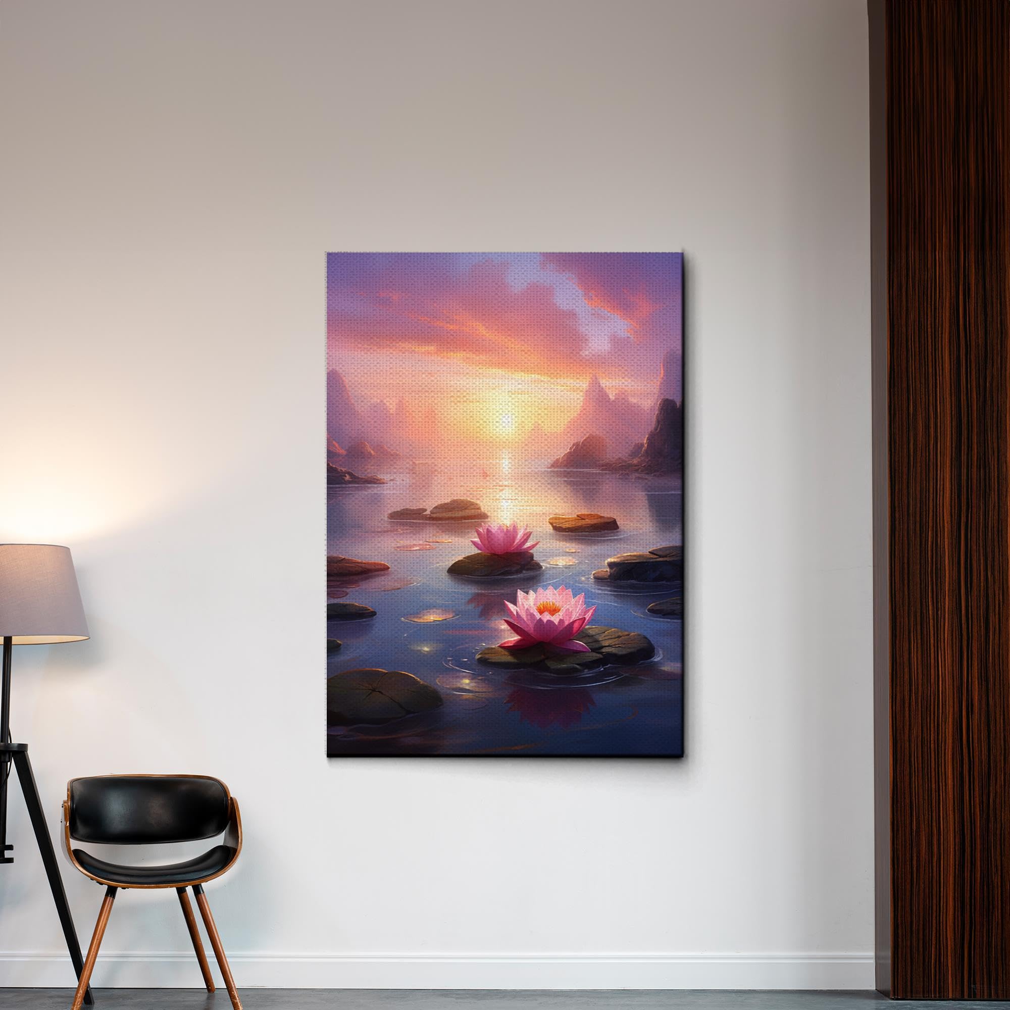 Zen Wall Art Decor - Framed Canvas Print of Peaceful Zen Garden with Stone Flower & Sunset Meditation Scene - Perfect for Yoga Studios, Home Decor & Mindfulness Spaces