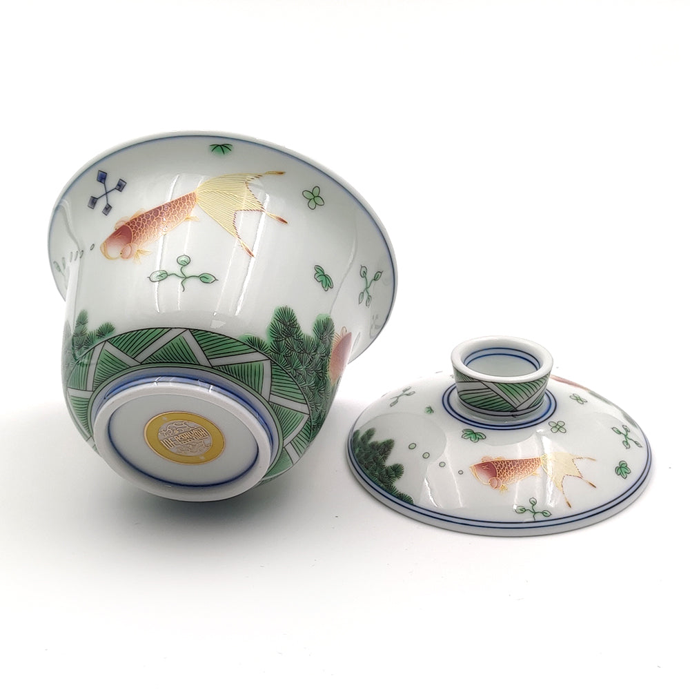 Hand-Painted Enamel Polychrome Porcelain Goldfish Gaiwan Tea Set - Traditional Chinese Tea Cup with Lid & Saucer for Loose Leaf Tea Ceremony, Gift & Home Decor