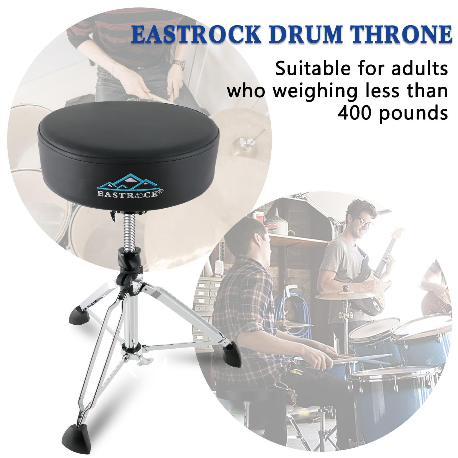 EASTROCK Heavy Duty Rotatable Drum Throne with Wide Padded Seat - Adjustable Height Drum Stool for Adult Drummers (Black) | Perfect for Drum Practice, Live Performances & Studio Recording Sessions