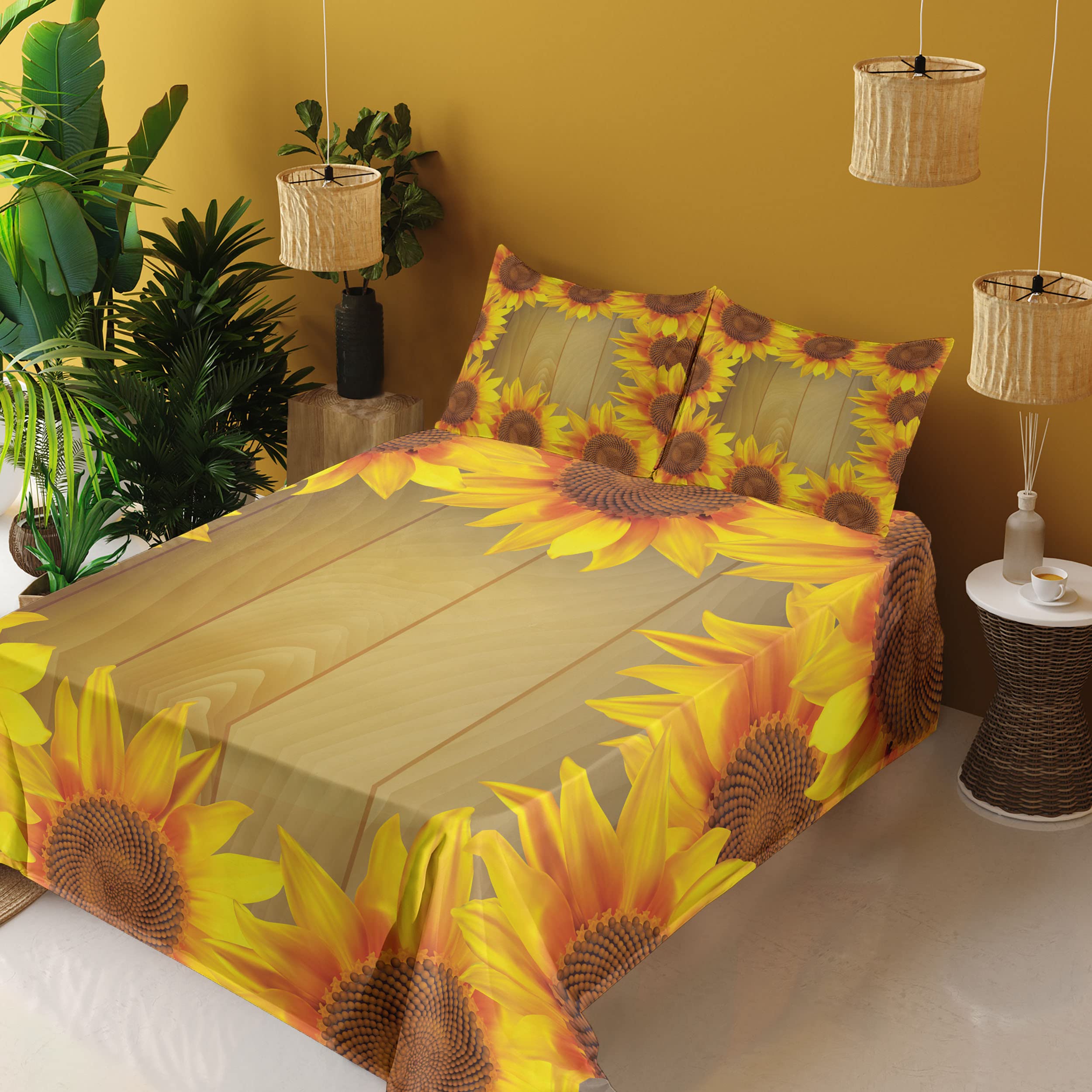 Ambesonne Sunflower King Size 4-Piece Sheet Set - Floral Circle Design on Wooden Background, Fitted & Flat Sheets with Pillowcases - Brown Orange Bedding for Farmhouse & Boho Chic Bedrooms