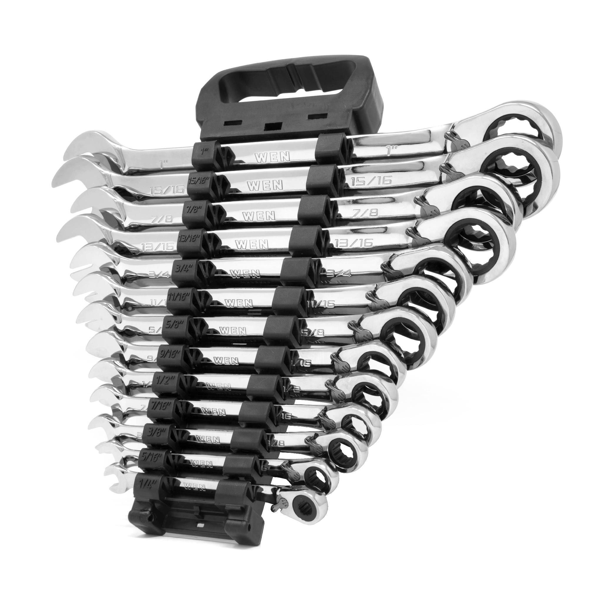 WEN WR132 13-Piece Professional Grade Reversible Ratcheting SAE Combination Wrench Set with Storage Rack - Perfect for Automotive Repair, DIY Projects & Home Maintenance