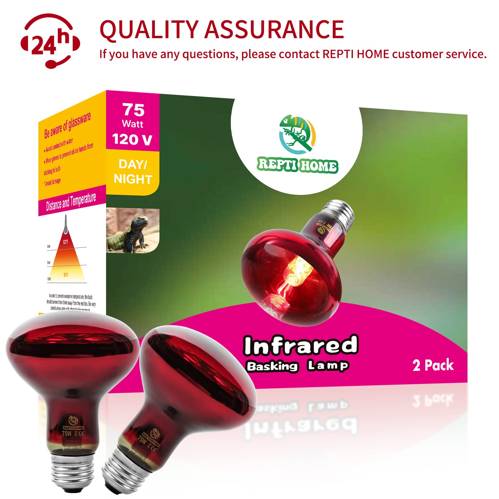 75W Infrared Reptile Heat Lamp Bulbs - 2 Pack Red Basking Spot Light for Reptiles, Amphibians & Chicken Coops - Ideal for Terrariums, Vivariums & Pet Enclosures
