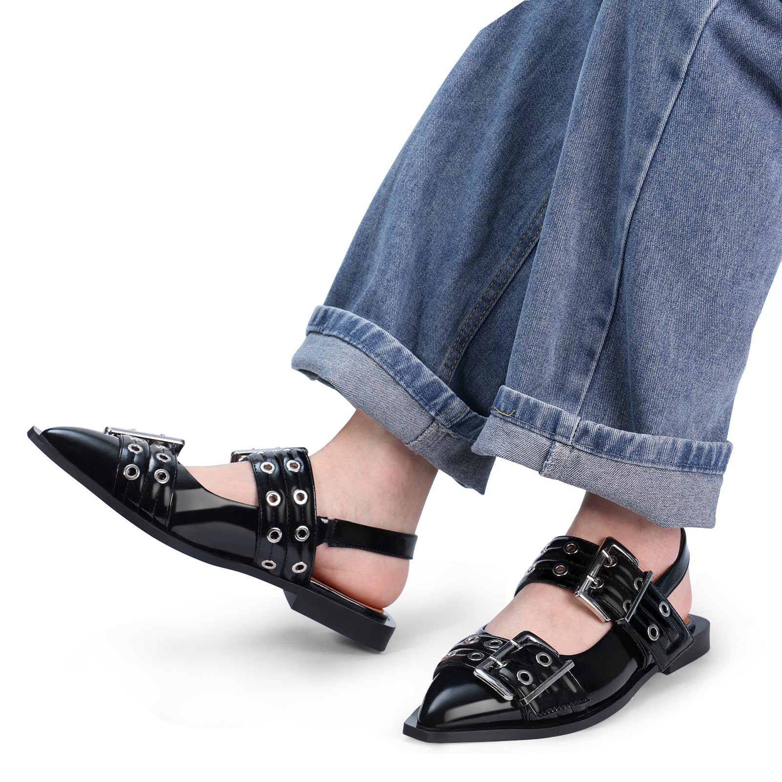 Women's Buckle Ballet Flats - Slingback Pointed Toe Ballerina Shoes with Low Block Heel | Comfortable Casual Dress Flats for Spring, Summer & Fall | Perfect for Office, Dating & Daily Wear