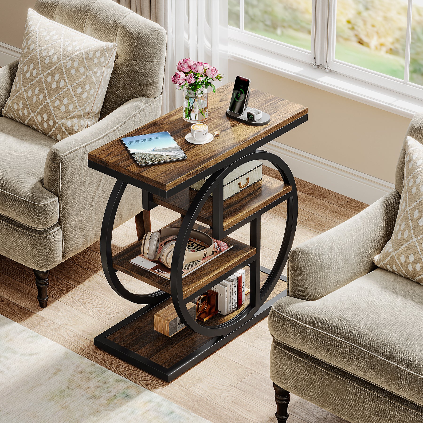 4-Tier Wooden End Table with Storage Shelves - Modern Side Table for Living Room, Bedroom & Office - Perfect for Organizing Books, Plants & Decor
