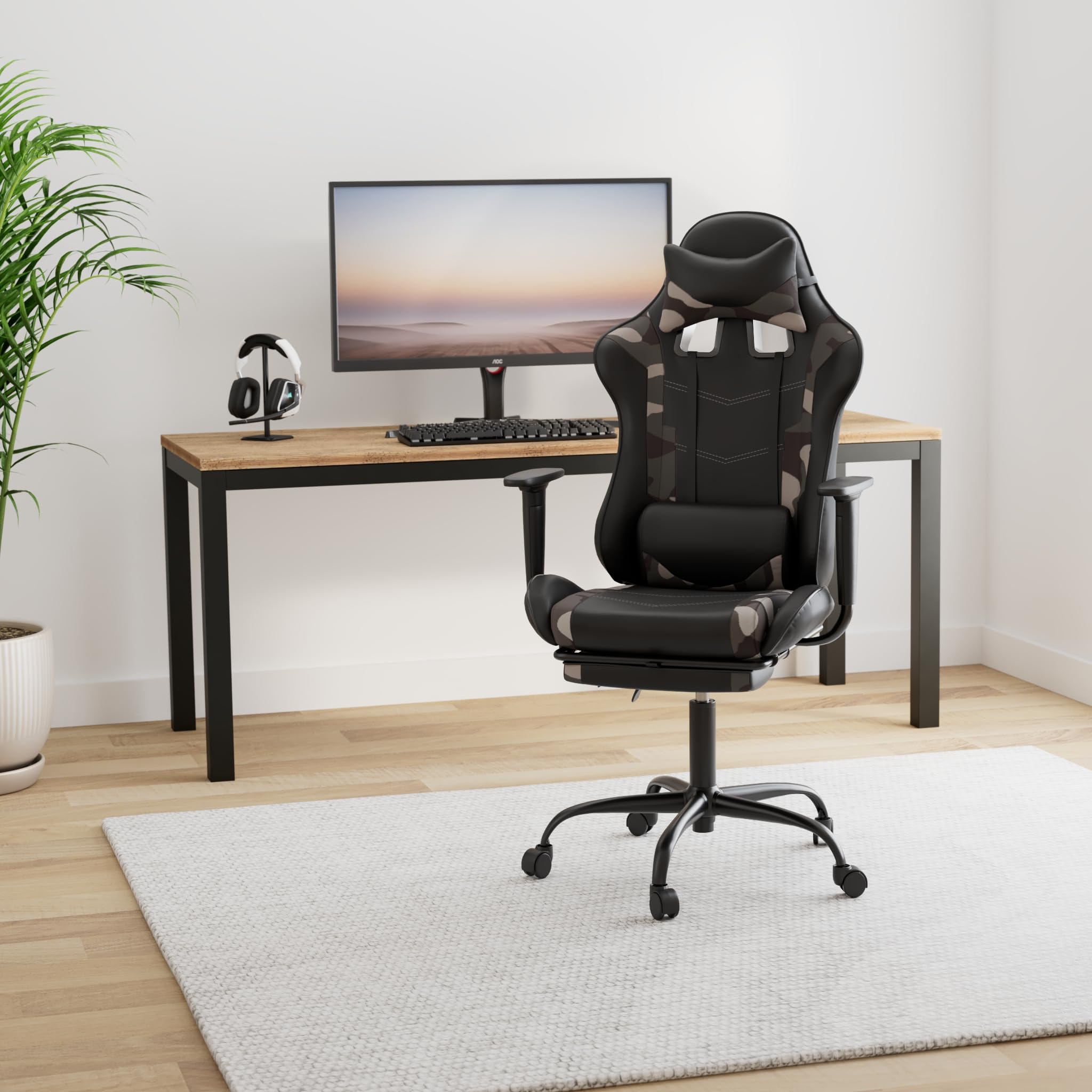 Ergonomic Gaming Chair with Lumbar Support & Headrest - PU Leather Racing Office Desk Chair for Adults - Adjustable Swivel Computer Chair with Footrest & Massage Function - Perfect for Home Office, Gaming Setup & Workstation (Camo Design)