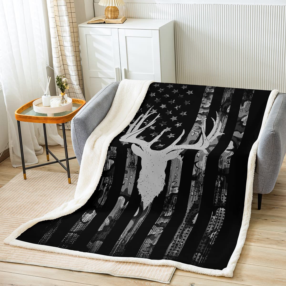 Homewish Kids Camo American Flag Fleece Throw Blanket - Deer Antlers Silhouette Design for Boys, Girls & Adults - 40 x 50 Inches - Cozy Sofa Decor, Christmas Gift & Rustic Bed Blanket - Perfect for Camping, Movie Nights & Winter Warmth