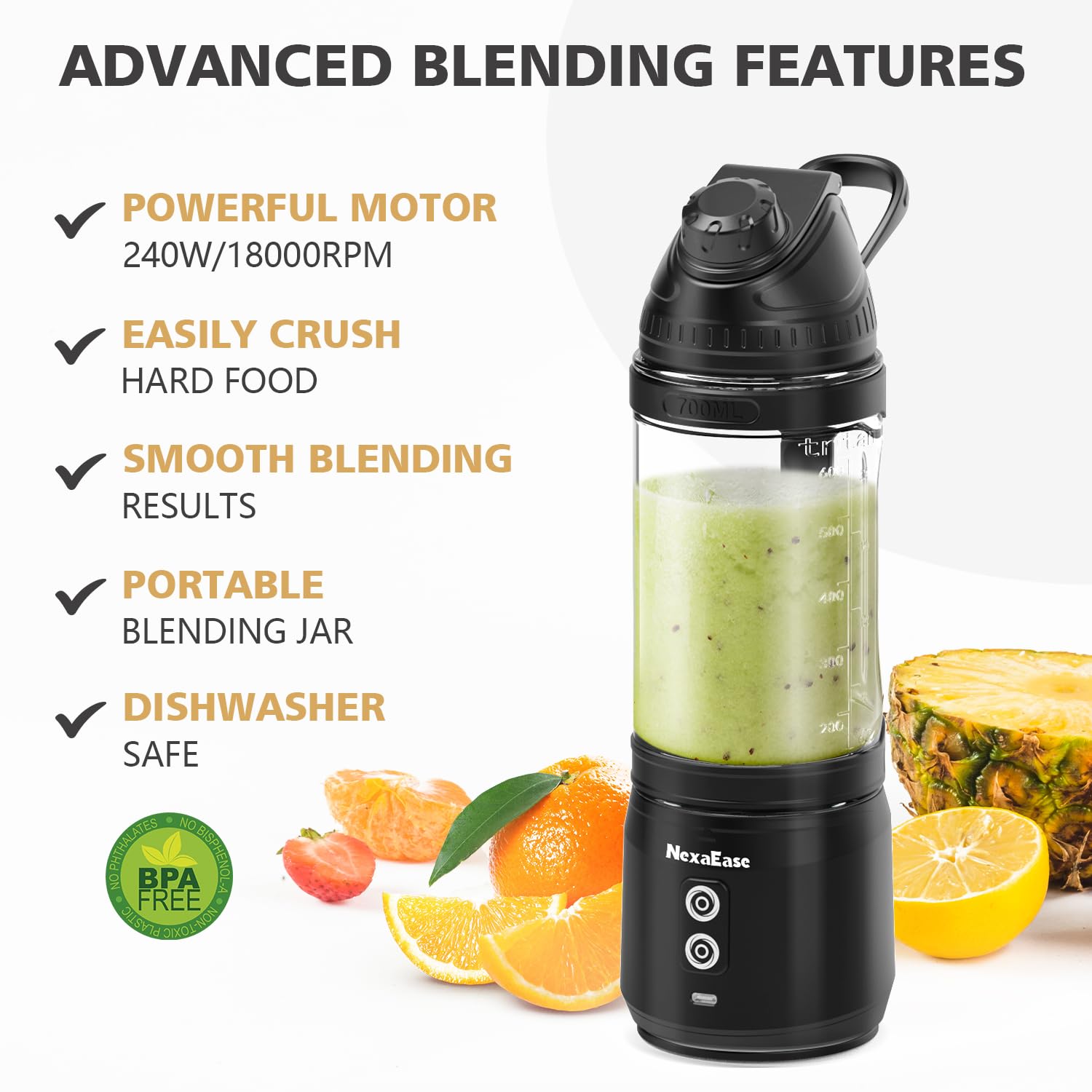 Portable Personal Blender 24oz - USB-C Rechargeable Cordless Mini Blender for Smoothies, Protein Shakes & Frozen Drinks - Travel-Friendly with Sip Spout & Leak-Proof Lid - Perfect for Kitchen, Gym, Office & On-The-Go Use