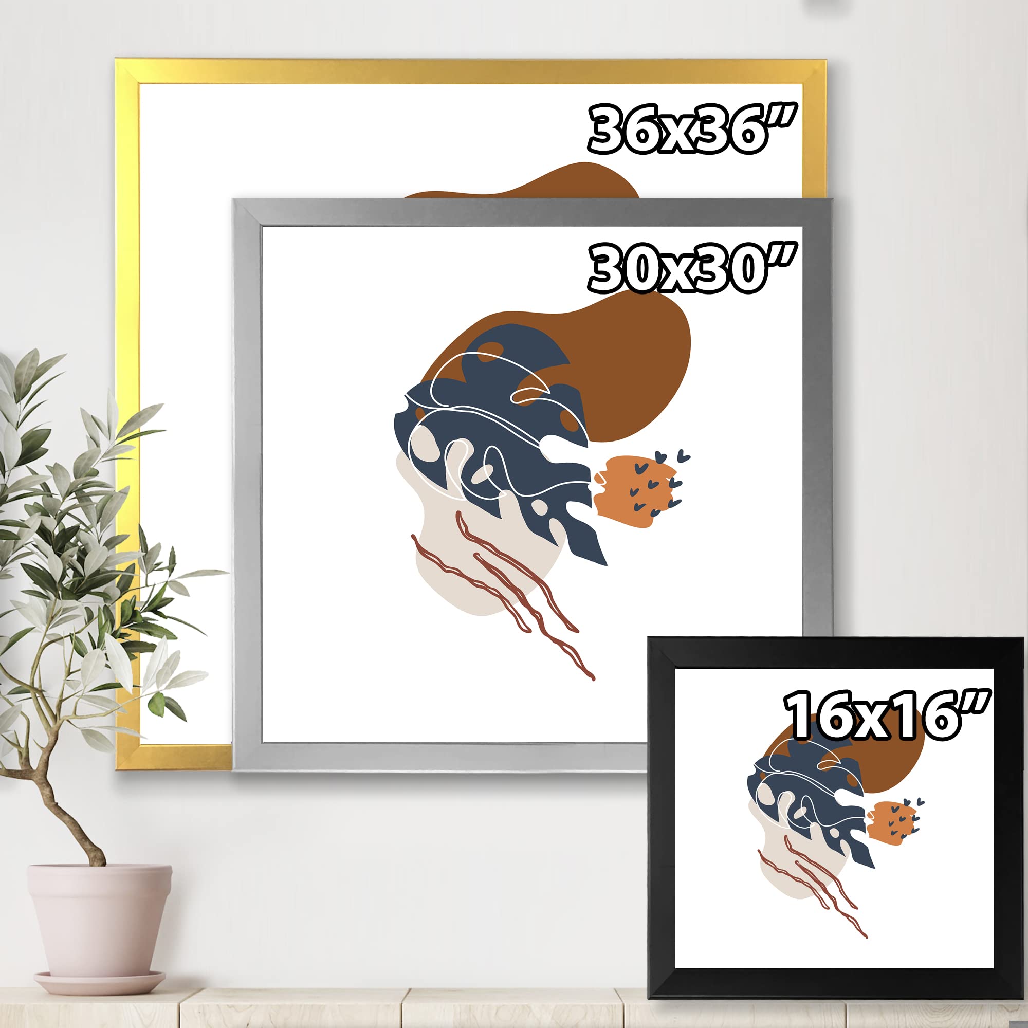 DesignQ Modern Abstract Floral Framed Wall Art - Elementary Shapes & Botanical Prints for Living Room, Bedroom & Office Decor