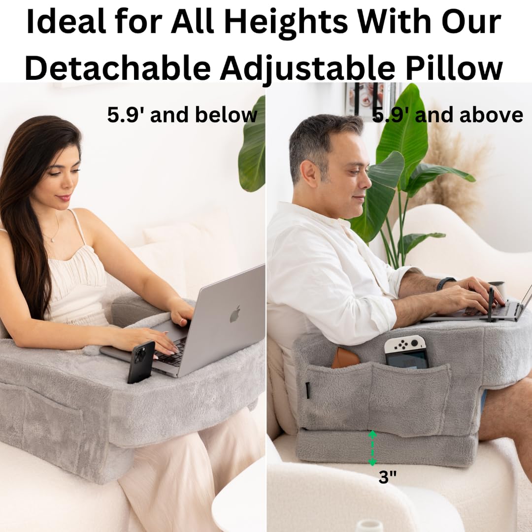 Extra Large Reading Pillow for Gaming & Work - Adjustable Lap Desk with Arm Rest, Cup Holder & Phone Holder - Laptop Support & Large Storage Pockets - Perfect for Office, Bed, Sofa & Travel (Furry Grey)
