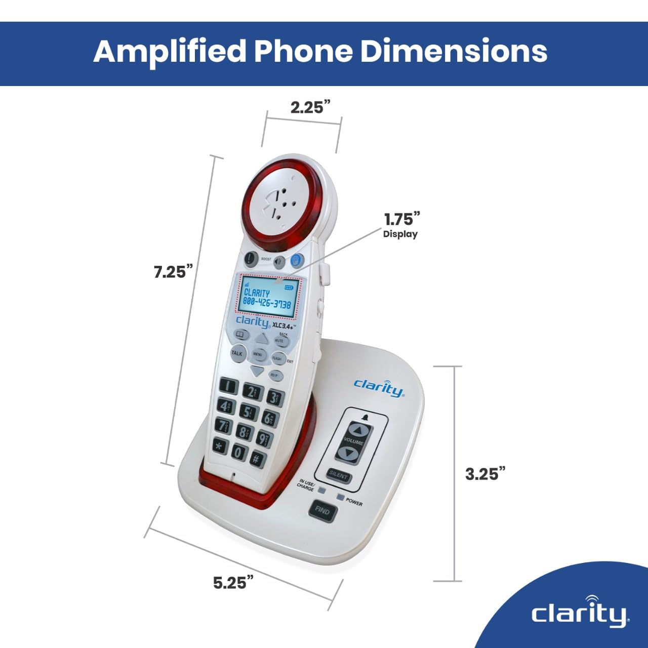 Clarity XLC3.4+ DECT 6.0 Amplified Cordless Phone with Extra-Loud Ringer & Big Buttons - Talking Caller ID, Dual Power Battery - Ideal for Seniors & Hearing Impaired at Home or Office