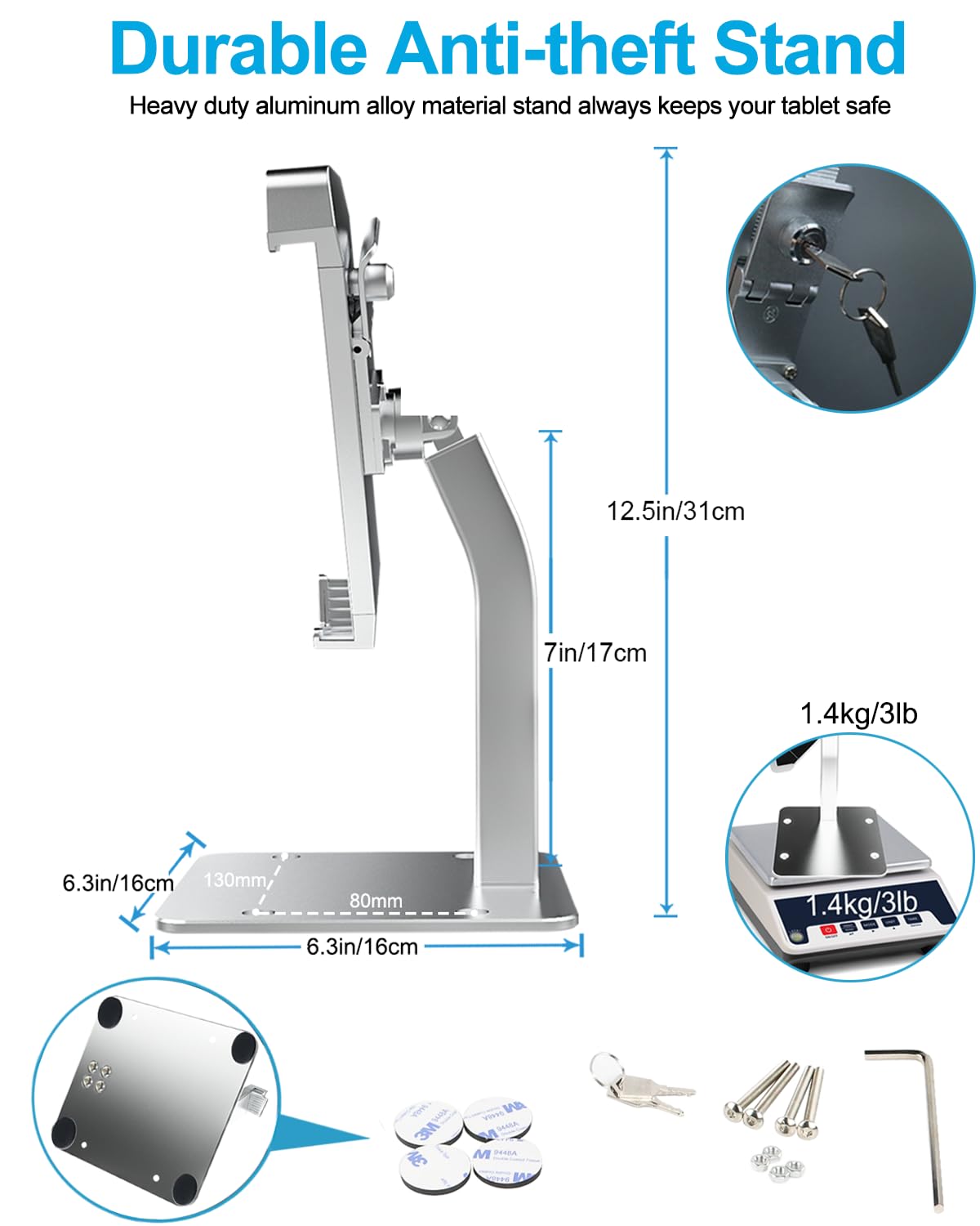 Anti-Theft Tablet Kiosk Stand for 9-14 Inch Tablets - Heavy Duty Security iPad Floor/Desk Stand with Lock & Key - Compatible with iPad Pro 12.9/Air, Surface Pro/Go, Galaxy Tabs - Perfect for Retail Stores, Restaurants & Public Kiosks