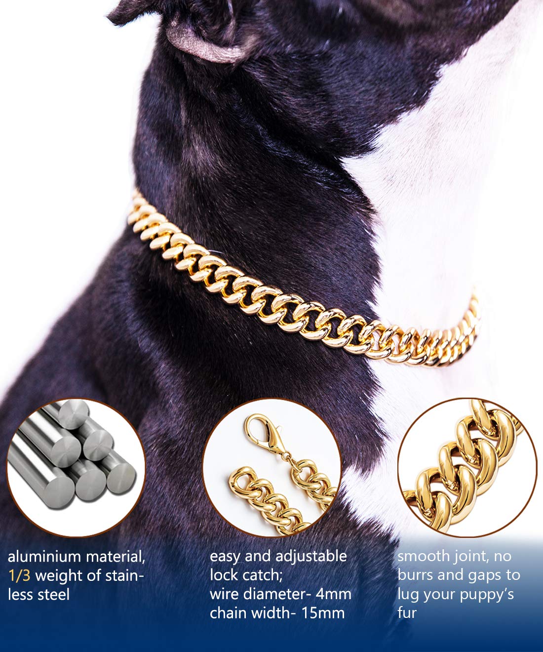 15mm Gold Chain Dog Collar - Stylish Light Metal Puppy Necklace for Bulldogs & Small Dogs (11 inches) | Perfect for Pet Costumes, Parties & Fashion Accessories