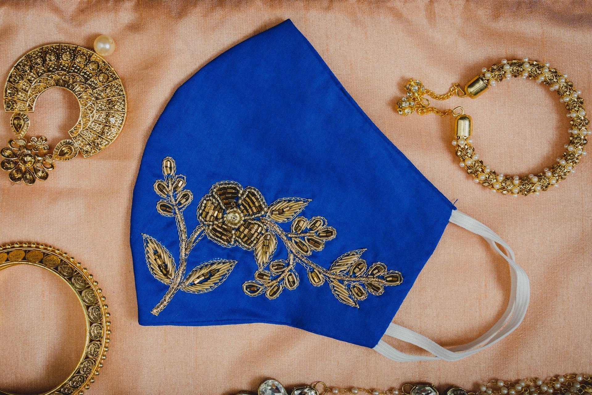 Royal Blue Cotton Face Mask with Petal Textured Embroidery - Breathable & Stylish for Daily Wear, Outdoor Activities & Travel