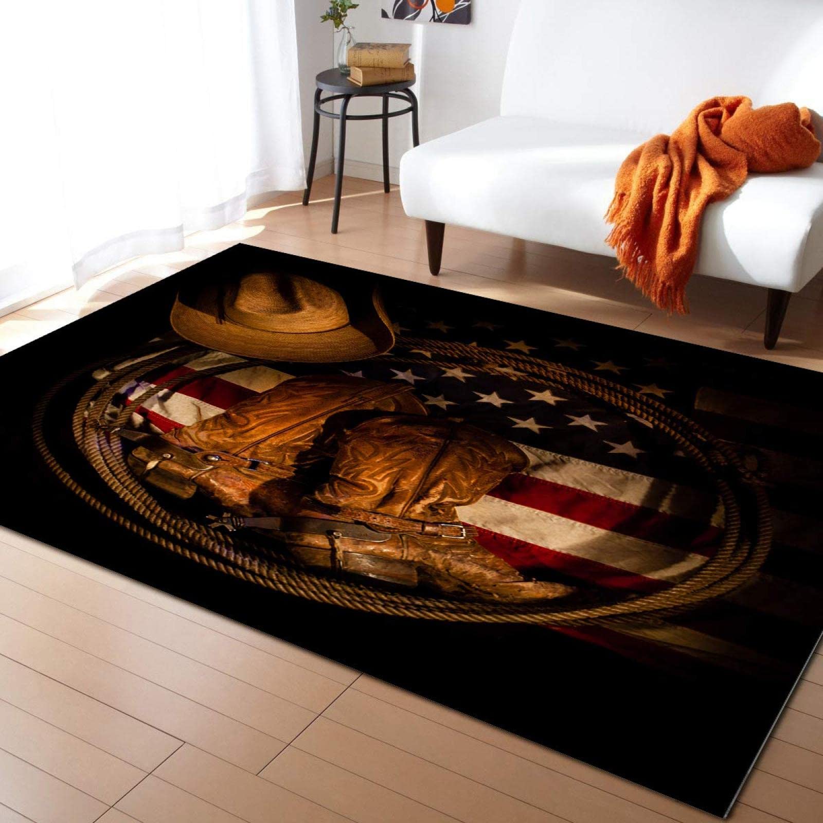Western Cowboy Boots & Hat Area Rug - American Flag Soft Washable Carpet for Kids Nursery, Bedroom, Living Room - 6' x 4' Cowboy Decor Rug for Boys & Girls - Perfect for Western Themed Rooms, Play Areas & Home Decor