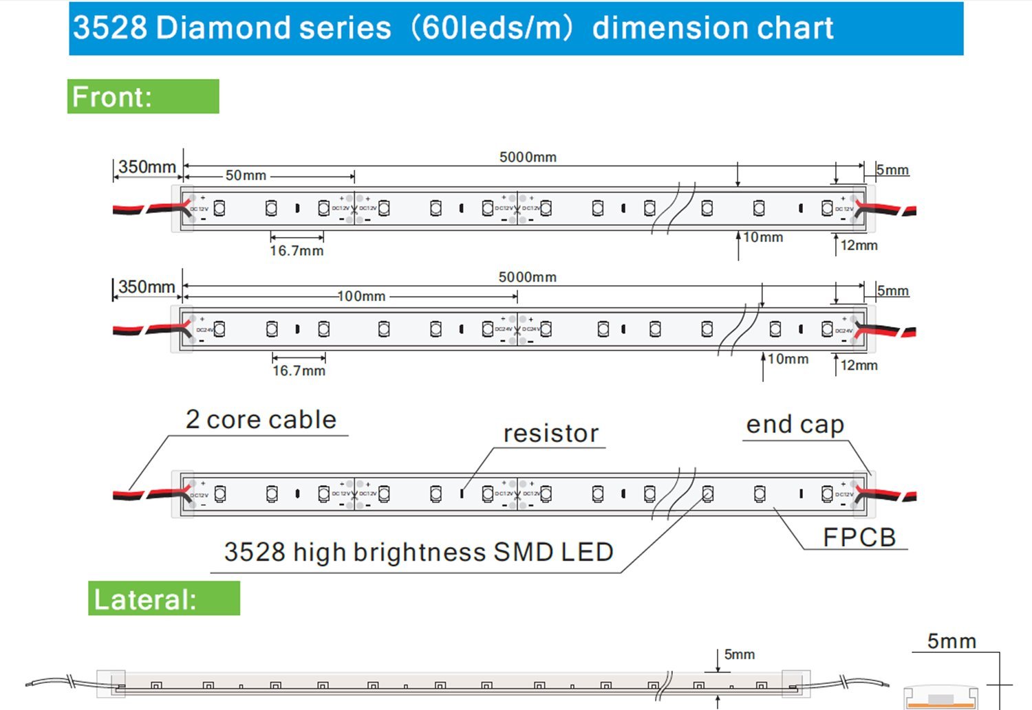 Flexible LED Strip Lights DC12V 24W SMD3528 Warm White 3000K 5M/16.4FT - Waterproof RGB Tape Lights for Home, Kitchen, Garden, Car, Bar & Outdoor Decoration