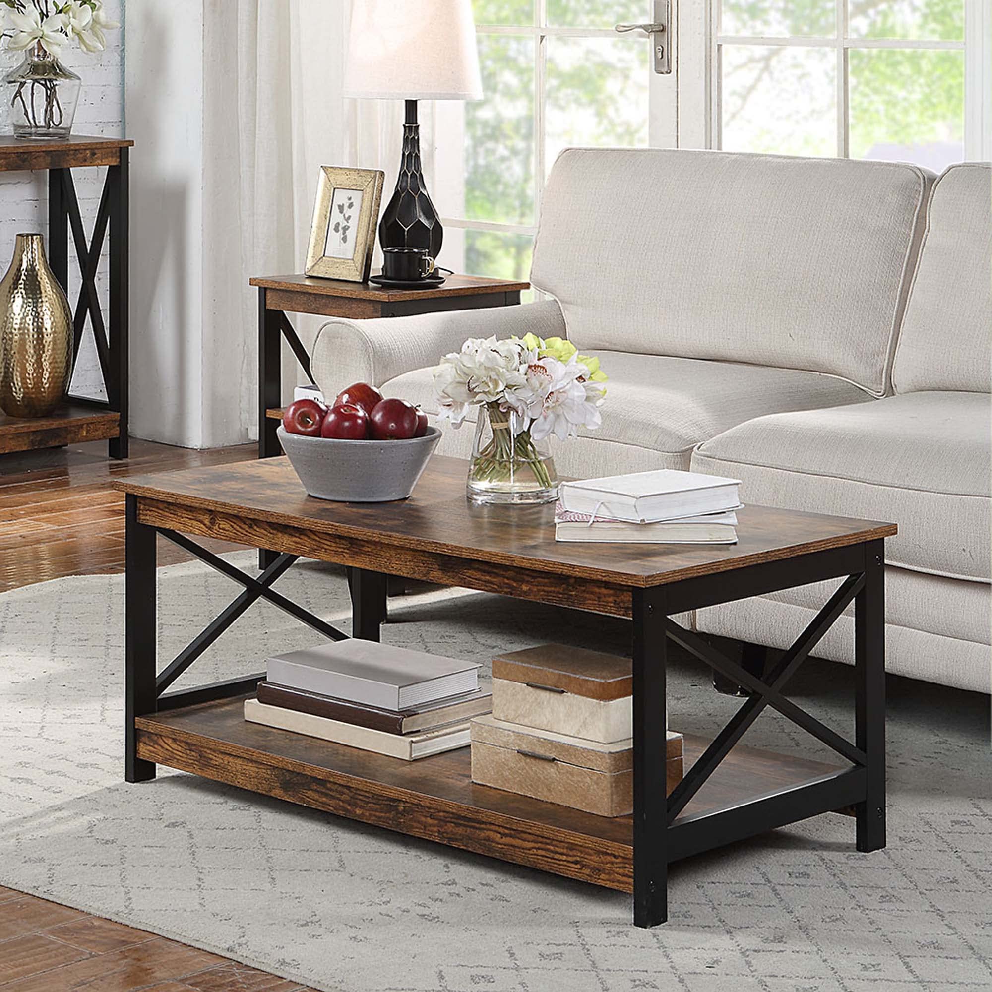 Oxford Coffee Table with Shelf - Rustic Barnwood & Black Finish - Perfect for Living Room, Lounge & Home Office Decor