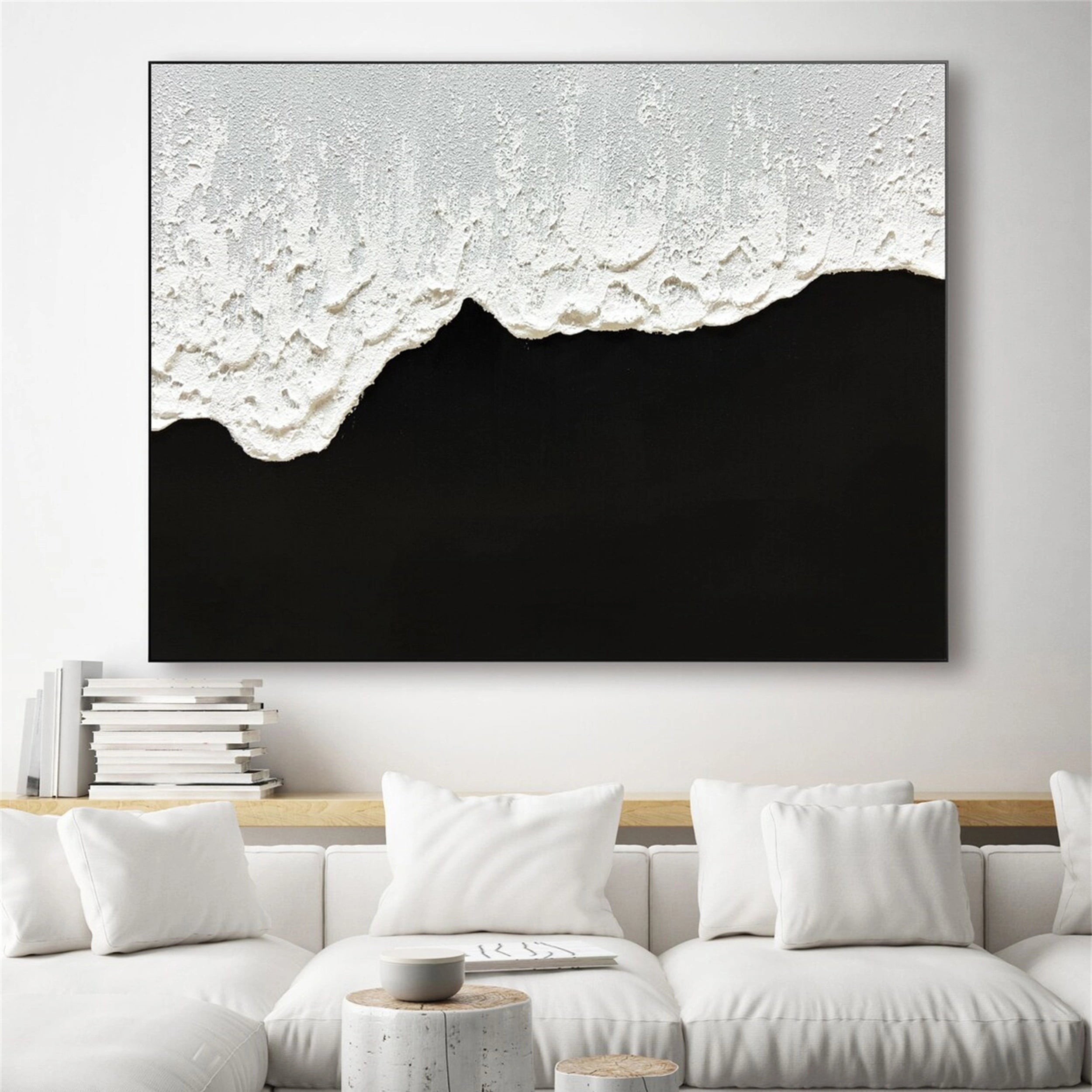Black and White Textured Minimalist Wall Art Print - Modern Abstract Canvas Painting for Living Room, Bedroom & Office Decor | #MZ058