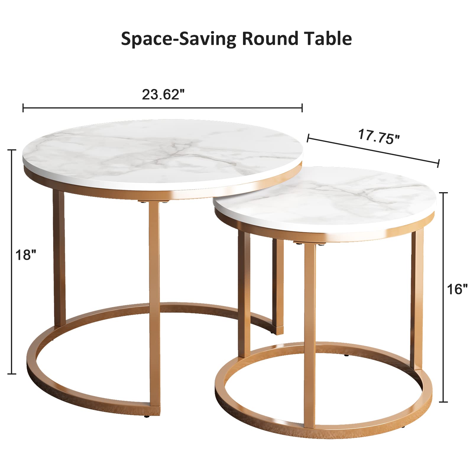 Modern Nesting Coffee Table Set - Faux Marble & Gold Metal Frame Side End Tables for Living Room, Bedroom, Office - Perfect for Small Spaces & Home Decor