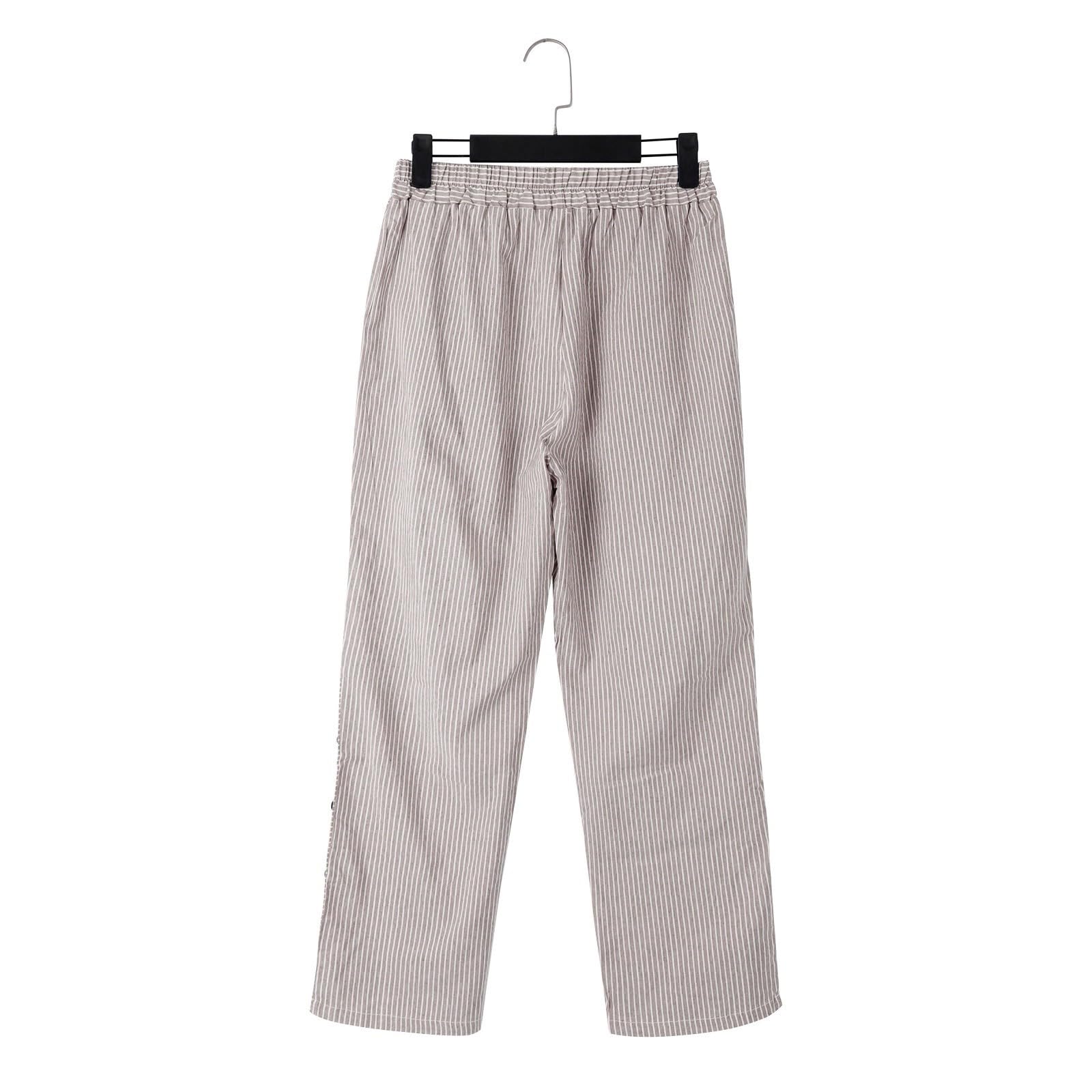 Women's Long Linen Pants - Striped Print Straight Leg Casual Cotton Linen Pants for Tall & Petite Women | Boho Chic Summer Pants for Beach, Travel & Everyday Wear | Khaki XS
