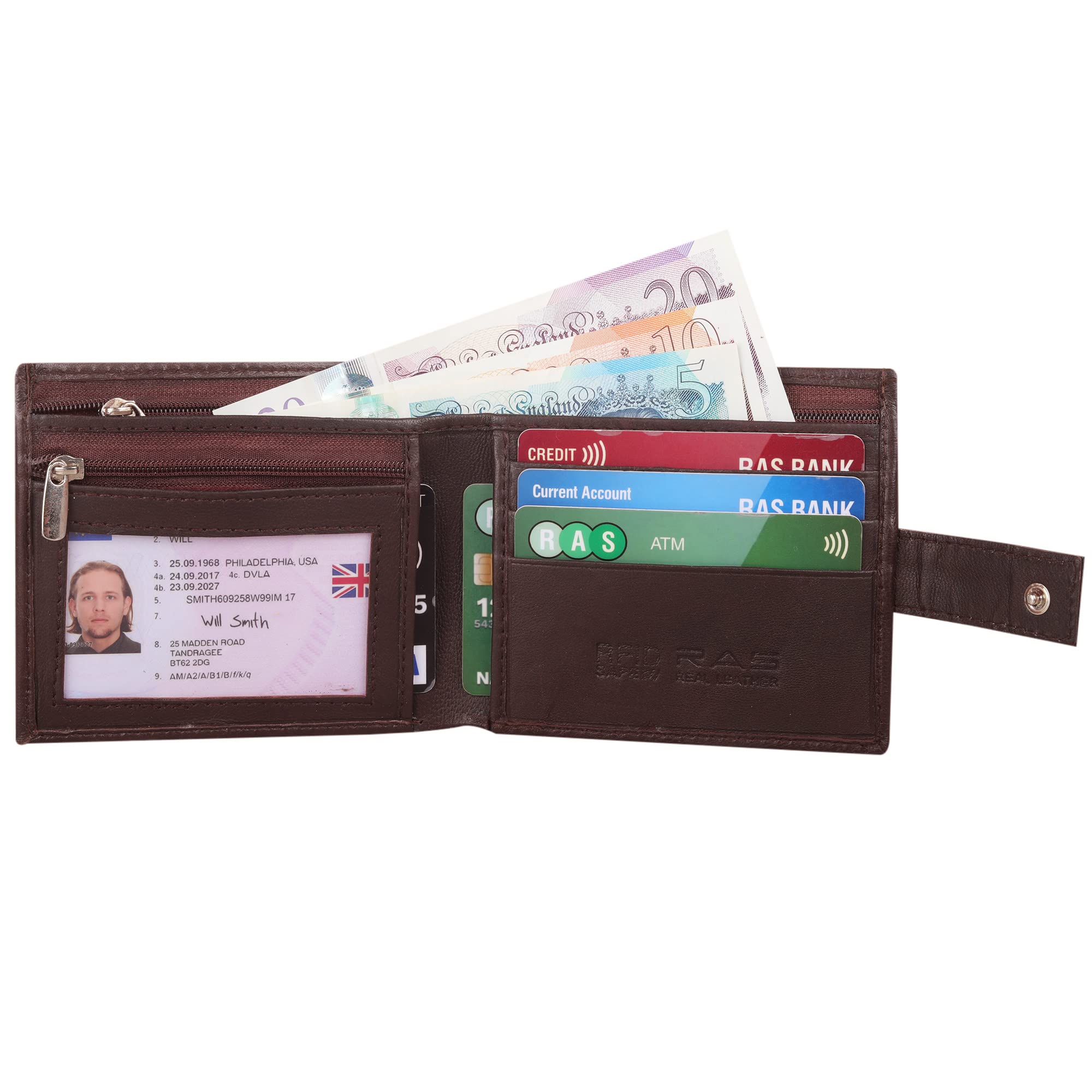 Genuine Leather Bifold Wallet for Men with ID Window & 2 Zip Pockets - Premium Brown RFID Blocking Slim Wallet - Perfect for Everyday Carry, Travel & Business