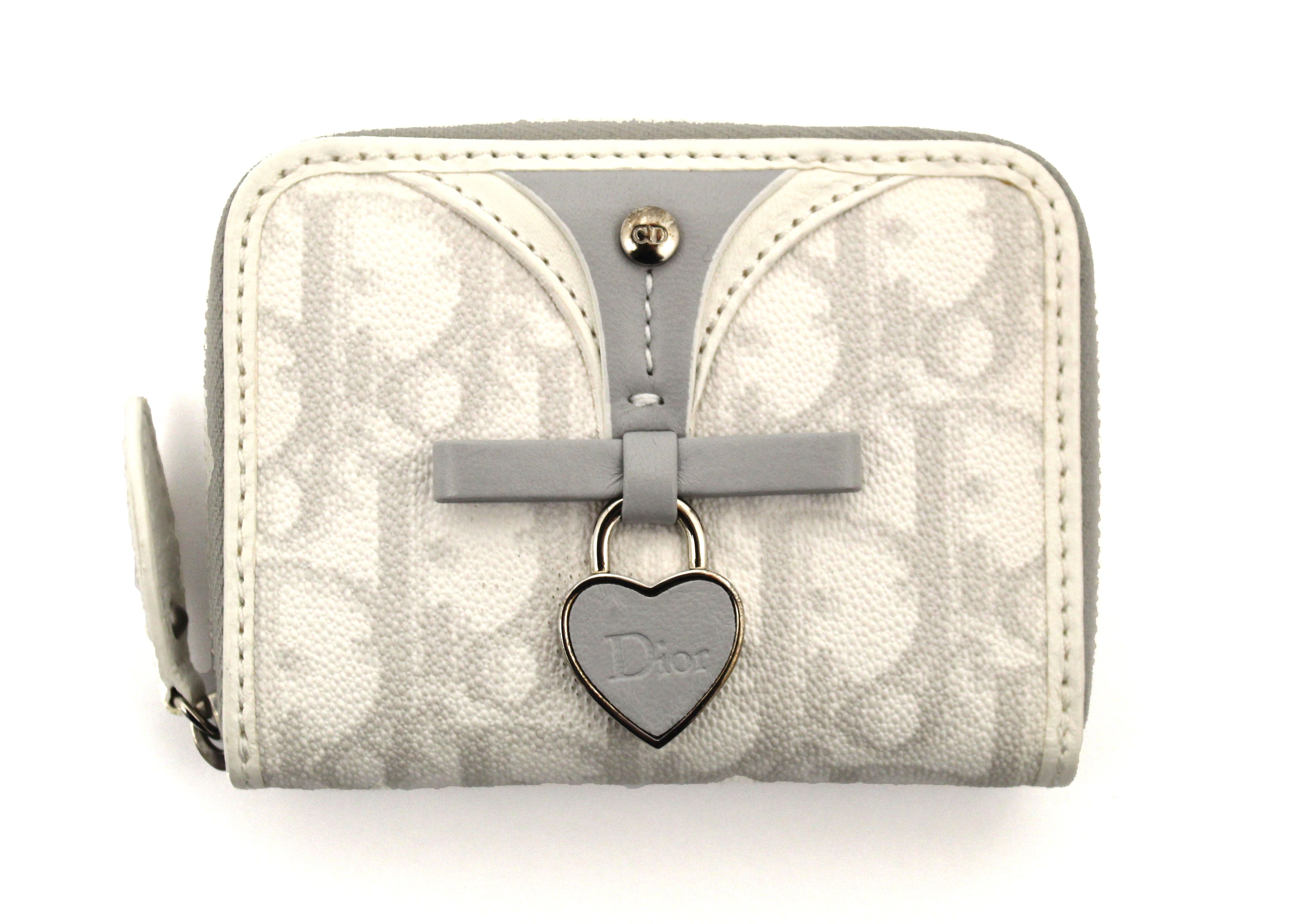 Authentic Christian Dior White Canvas Romantique Heart Zip Around Wallet - Elegant Card Holder for Women, Perfect for Everyday Use, Parties & Gift Giving