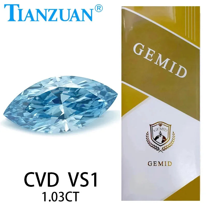1ct VS1 Lab Grown CVD Marquise Cut Fancy Intense Blue Diamond - GEMID Certified Loose Gemstone for Engagement Rings & Jewelry Making
