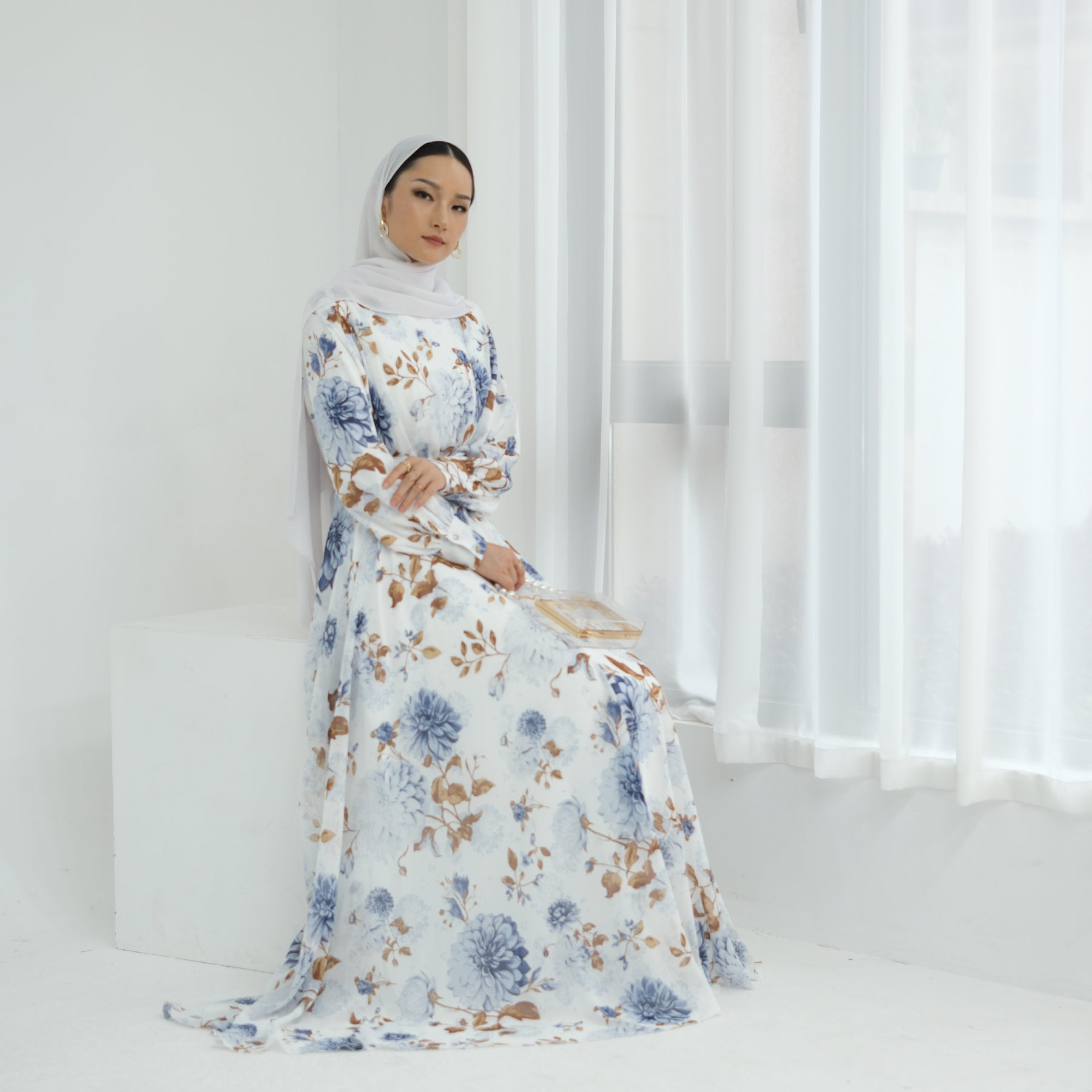 Gardenia Floral Maxi Dress for Women - Elegant Brown & Navy Long Summer Dress for Beach, Wedding, or Vacation | Boho Flowy Dress with Pockets