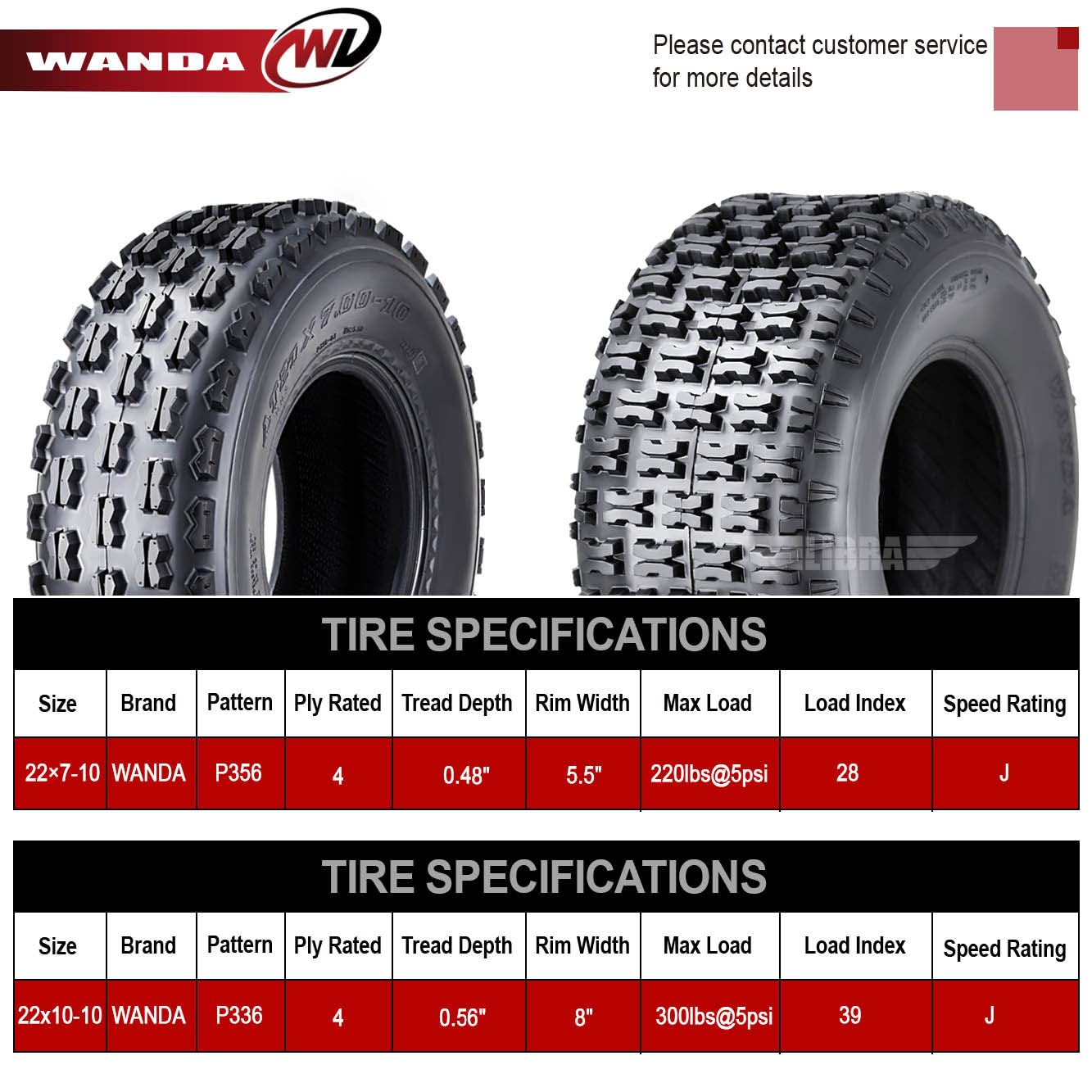 **WANDA 22x7-10 & 22x10-10 ATV Tires Complete Set for Yamaha Big Bear 250 & Bruin 250 Sport - Durable Off-Road & Trail Riding**