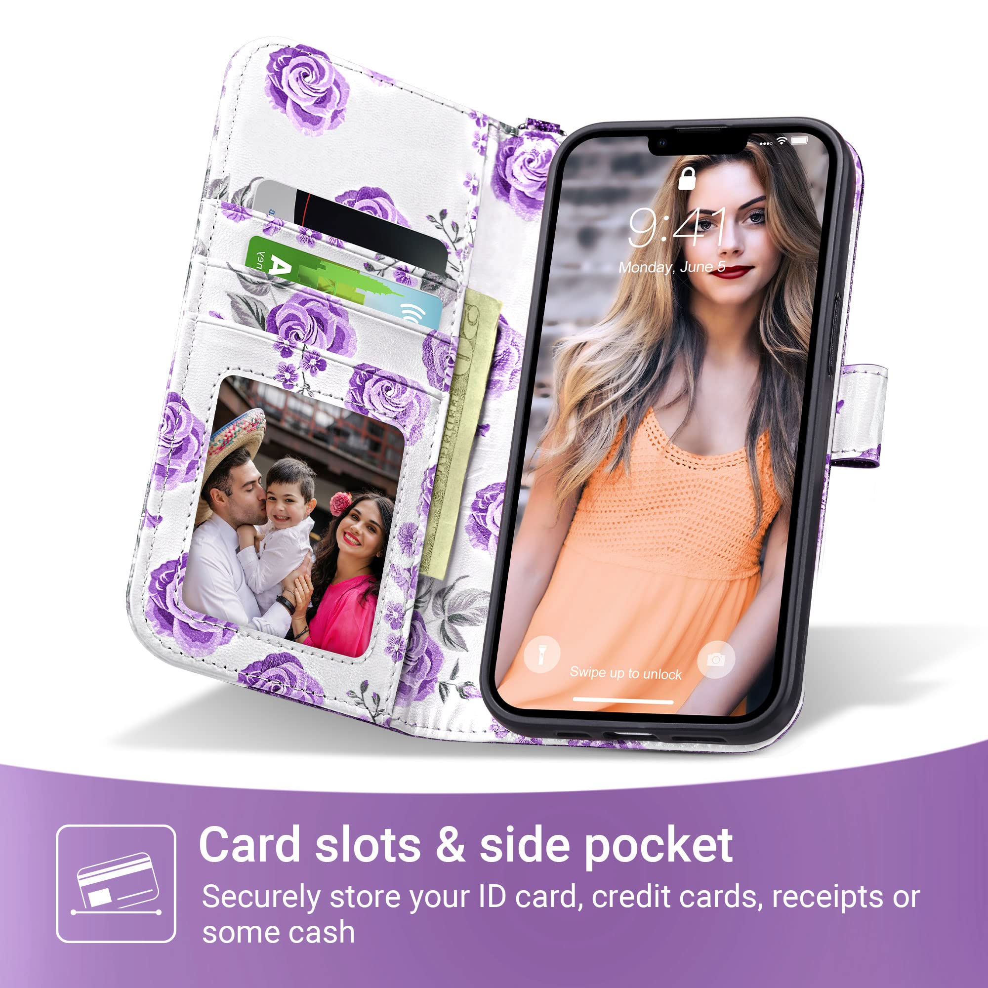 ULAK iPhone 13 Pro Max Wallet Case - PU Leather Flip Cover with Credit Card Slots & Kickstand | Shockproof Protective Phone Case for Women | 6.7 Inch Flower Design | Perfect for Work, Travel & Everyday Use