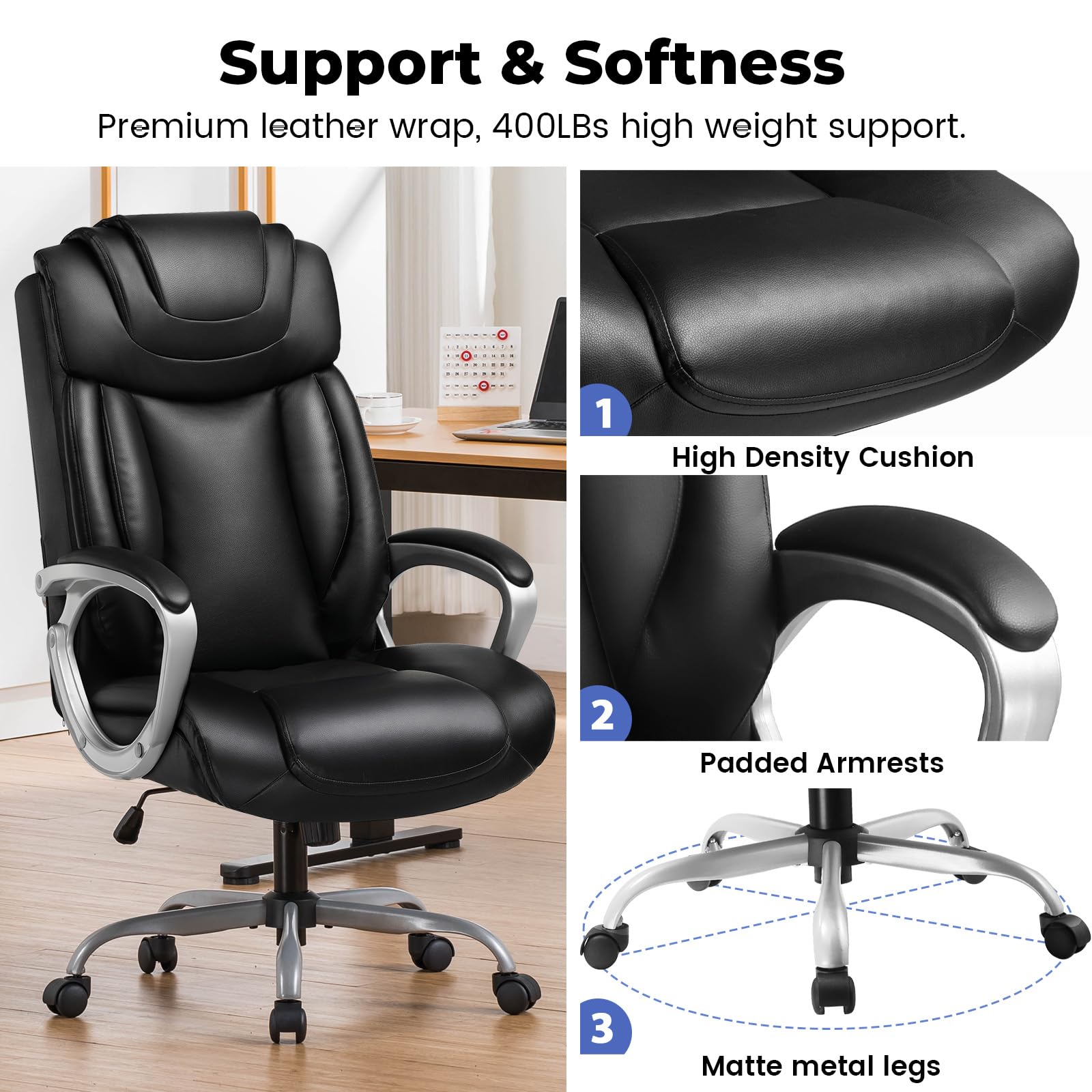 COMHOMA Ergonomic Office Chair - Adjustable Swivel Desk Chair with PU Leather, Headrest & Lumbar Support for Home & Executive Use - Perfect for Long Hours of Work, Gaming & Study Sessions