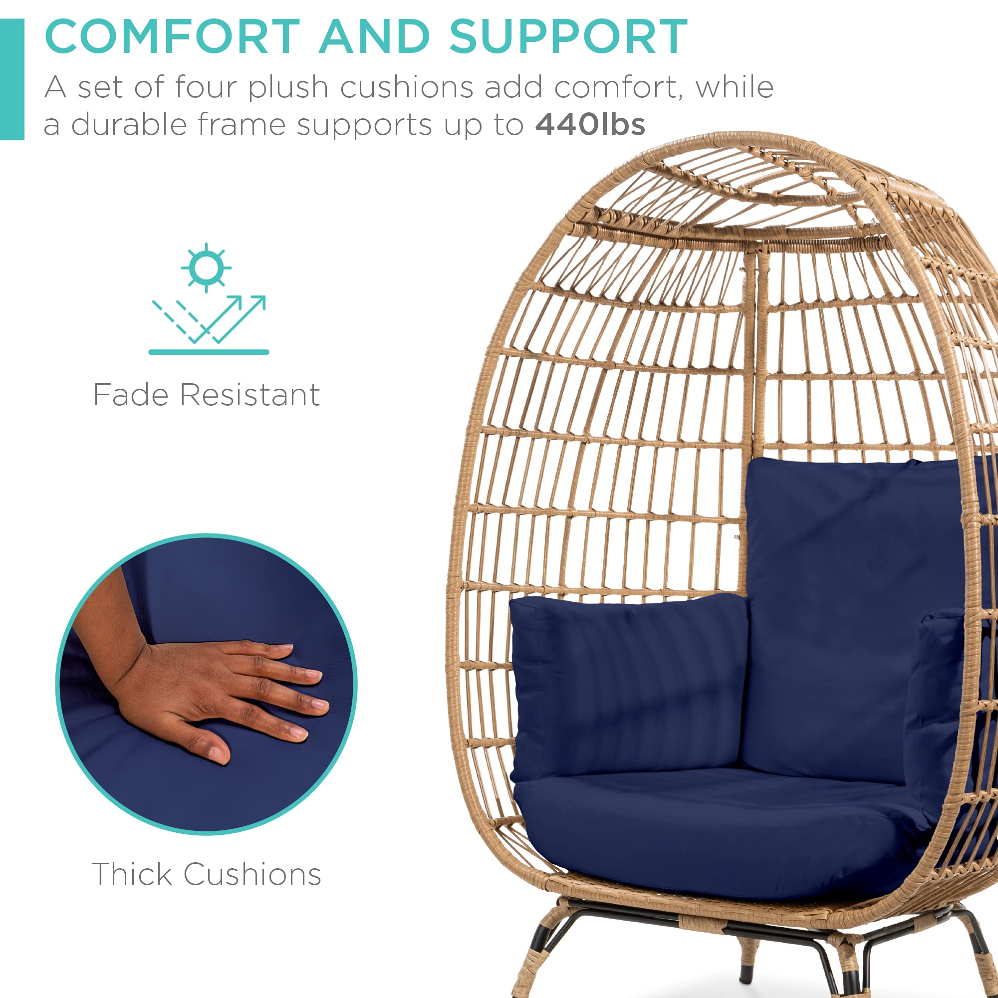 Best Choice Products Oversized Wicker Egg Chair - Indoor/Outdoor Hanging Lounger with 4 Cushions & Steel Frame (440lb Capacity) - Navy Blue - Perfect for Patio, Backyard, Living Room, and Relaxation Spaces