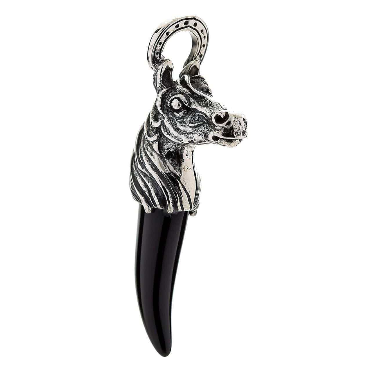 Black Onyx Fang Tusk Horse Sterling Silver Pendant Necklace for Men - Gothic Jewelry for Everyday Wear, Gift for Him, Spiritual Protection Amulet