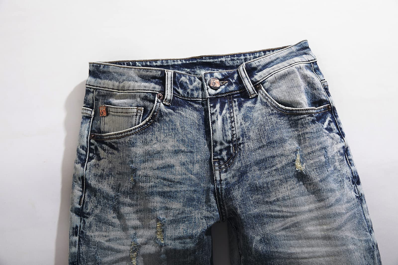 Men's Distressed Slim Fit Stretch Ripped Denim Jeans - Full Length Destroyed Wash for Casual Wear & Street Style