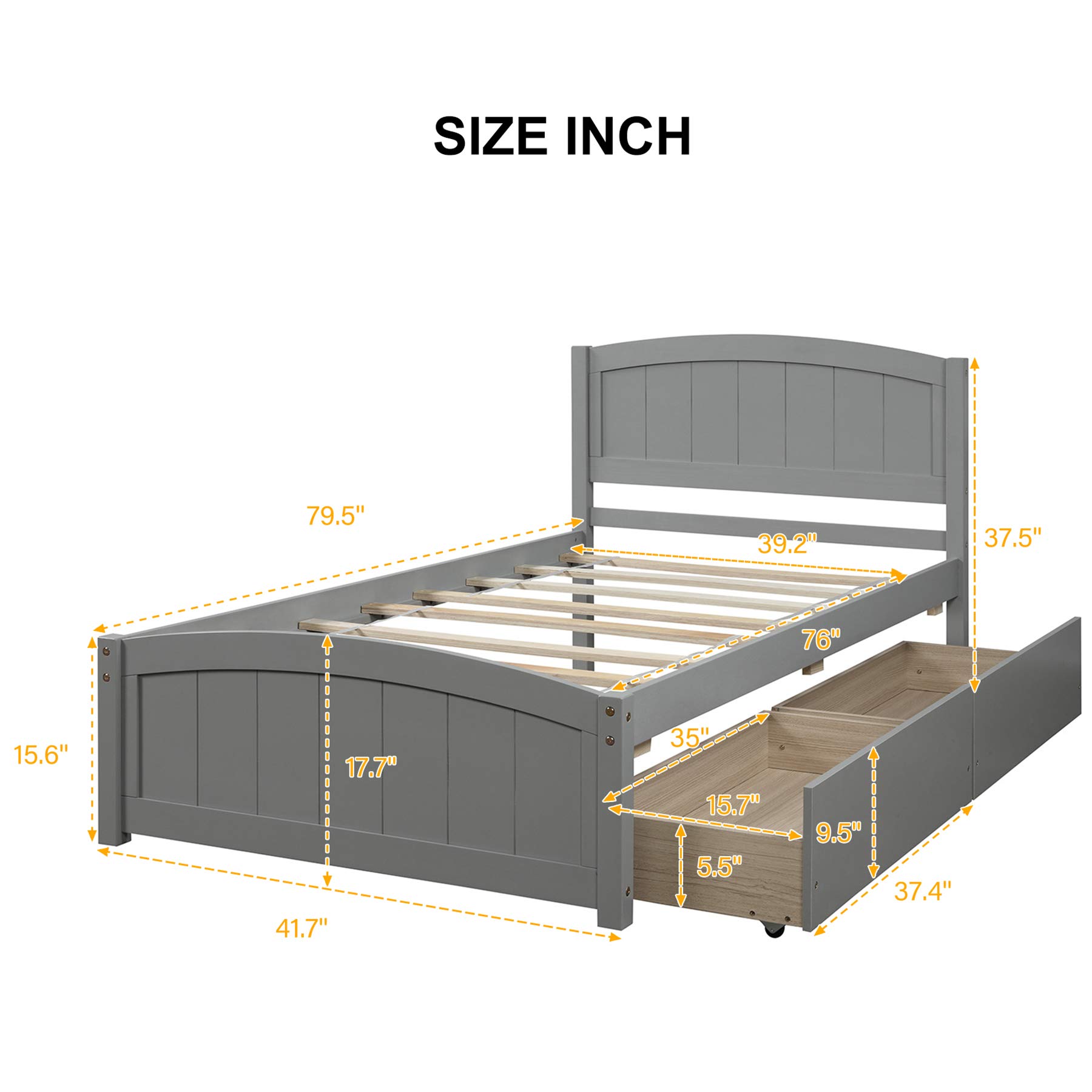 P PURLOVE Twin Size Platform Bed Frame with Headboard & 2 Storage Drawers - Modern Gray Wooden Bed for Small Spaces | Perfect for Kids, Teens & Guest Rooms