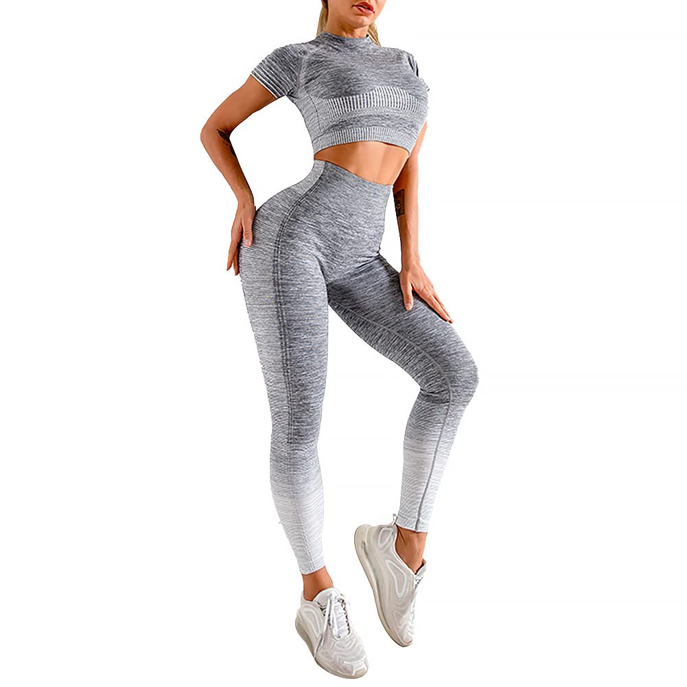 FeelinGirl Women's 2-Piece Seamless Workout Set - Ribbed Crop Top & High Waist Yoga Leggings for Gym, Running & Fitness | Comfortable Activewear Outfit