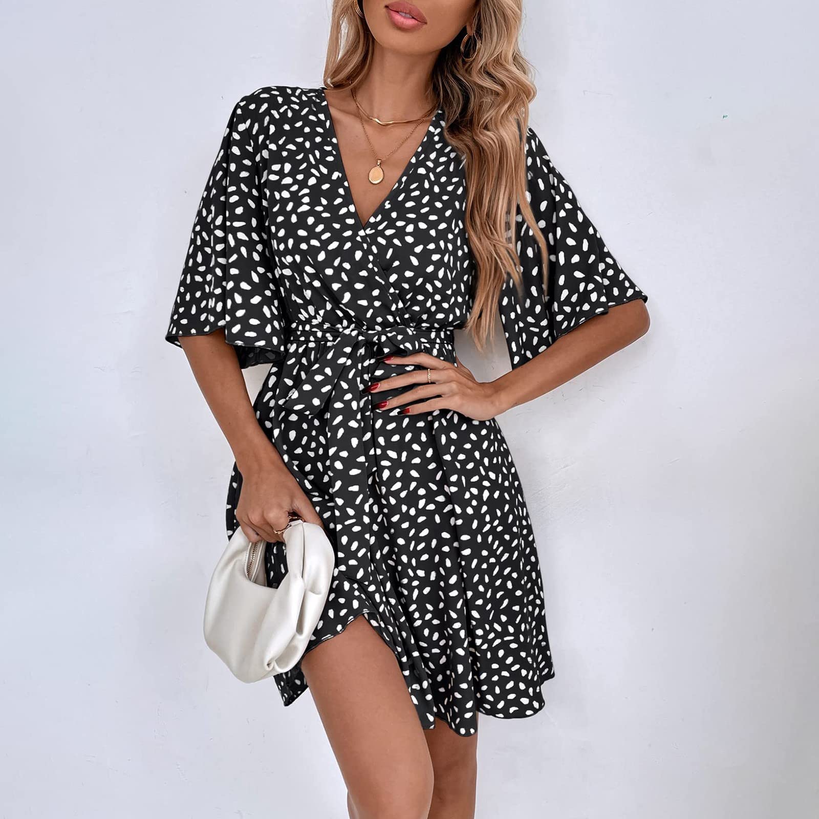 Elegant Wedding Guest Dresses for Women - Fashion Casual Loose Fit Short Sleeve Printed V-Neck Dress with Belt | Perfect for Summer Weddings, Garden Parties & Special Occasions