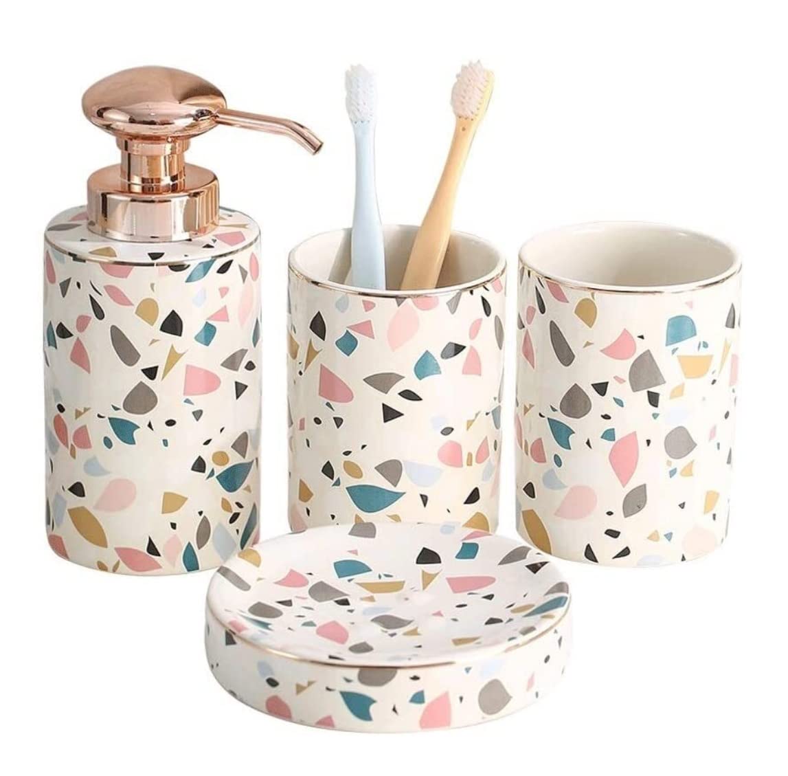 Premium 4-Piece Ceramic Bathroom Accessories Set - Soap Dispenser, Soap Dish & 18.6oz Lotion Pump - Elegant Bathroom Decor for Modern Homes, Spa-Like Luxury for Master Bath & Guest Bathrooms