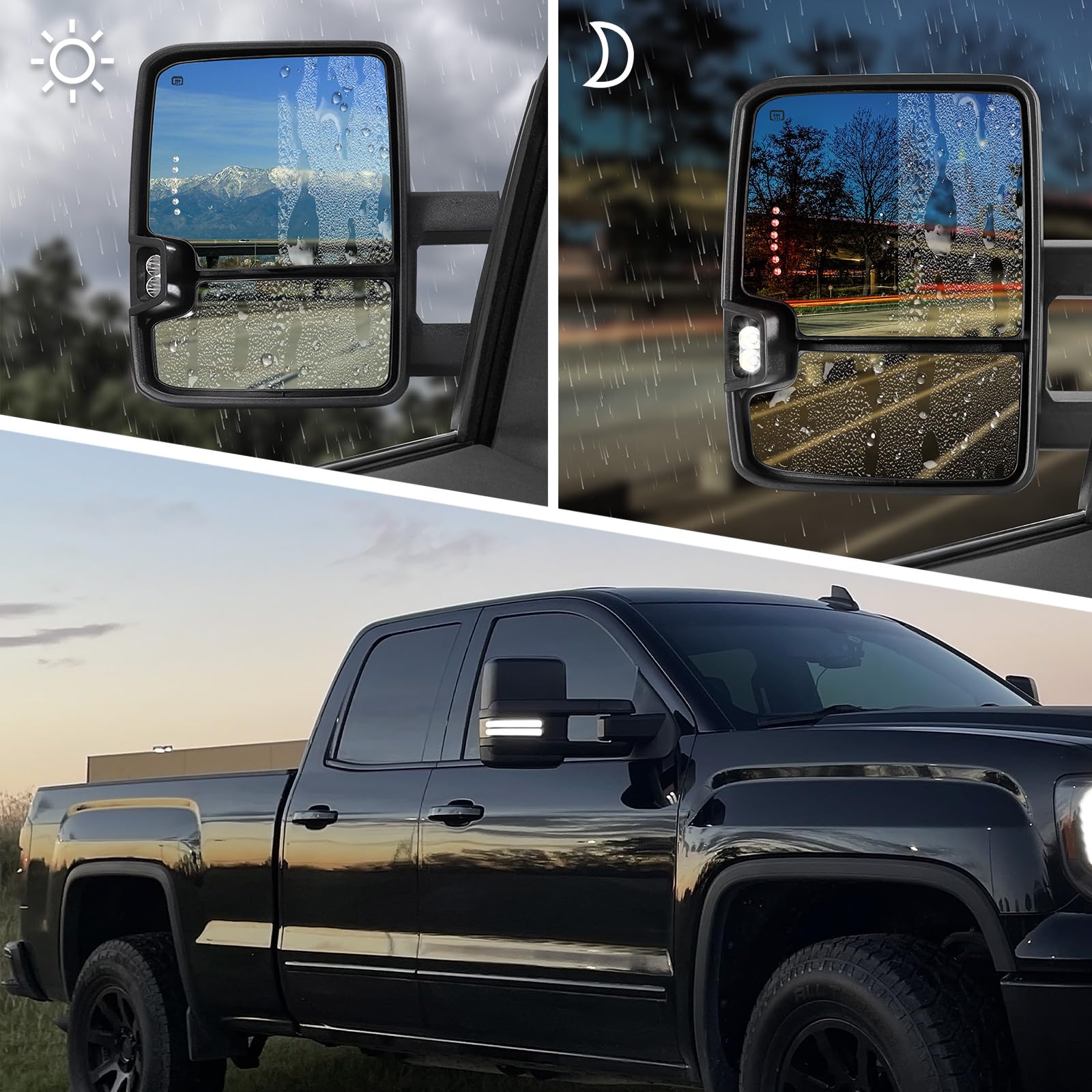 Switchback Towing Mirror for 2014-2018 Chevy Silverado 1500 & GMC Sierra 1500 | 2015-2019 Silverado 2500/3500 HD | Power Adjustable Heated Glass with Running & Turn Signal Lights | Enhanced Towing Safety & Night Driving Visibility