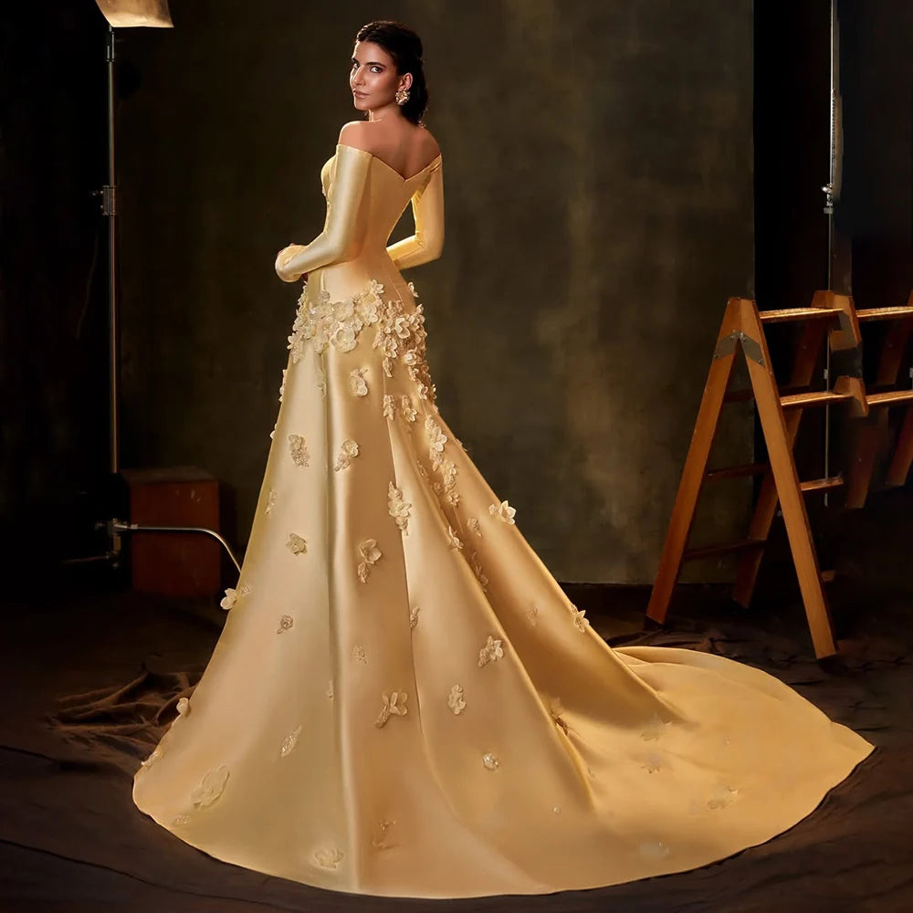 Luxury Dubai Arabia Yellow A-Line Satin Applique Evening Gown for Women - Formal Occasion Wedding Prom Party Dress LA72833 | Elegant Ball Gown for Special Events & Red Carpet