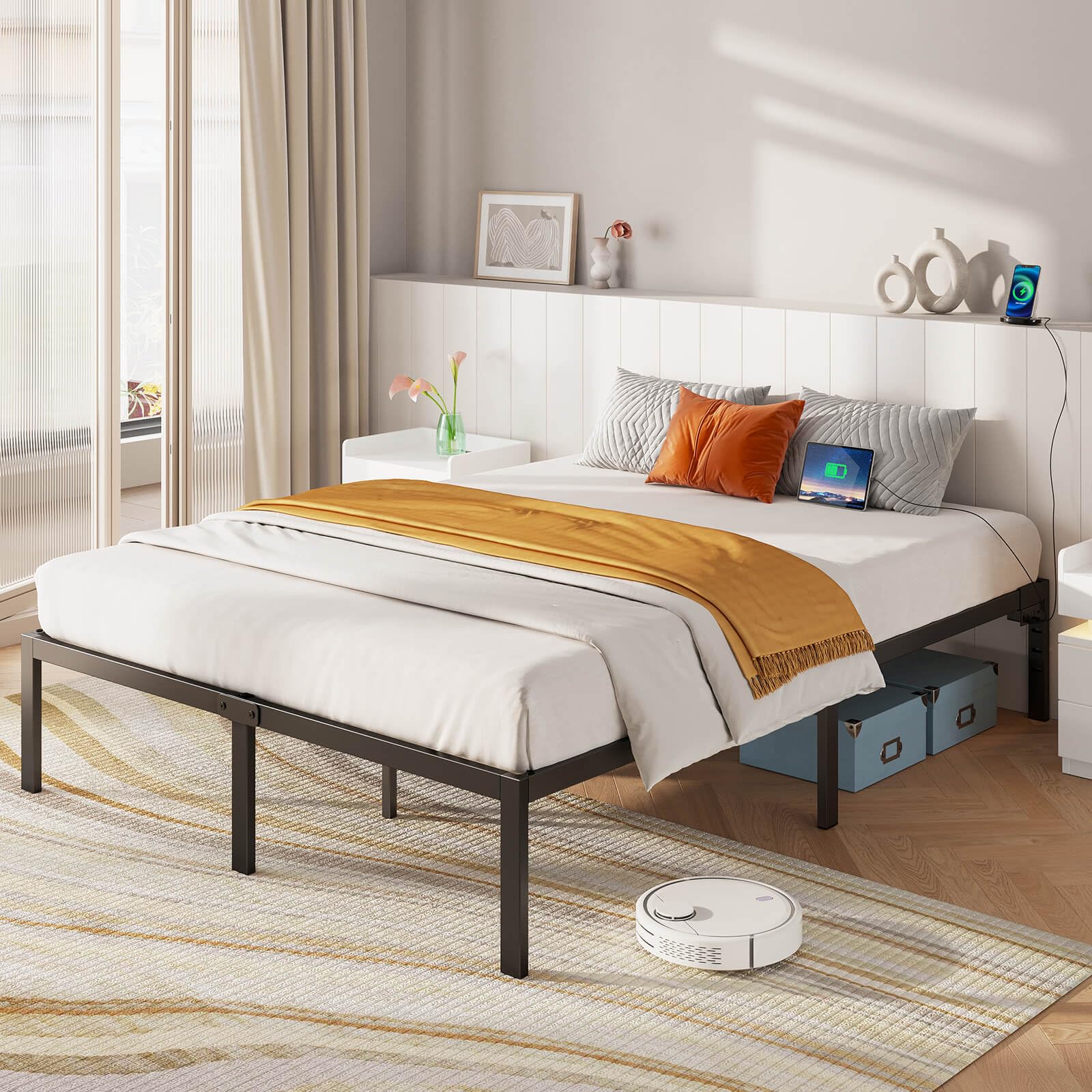 Rolanstar 14 Inch Metal Platform Bed Frame Queen Size with USB Charging Ports - Heavy Duty Steel Slat Support, No Box Spring Needed - Easy Assembly Black Bed Frame for Master Bedroom, Guest Room & Apartment