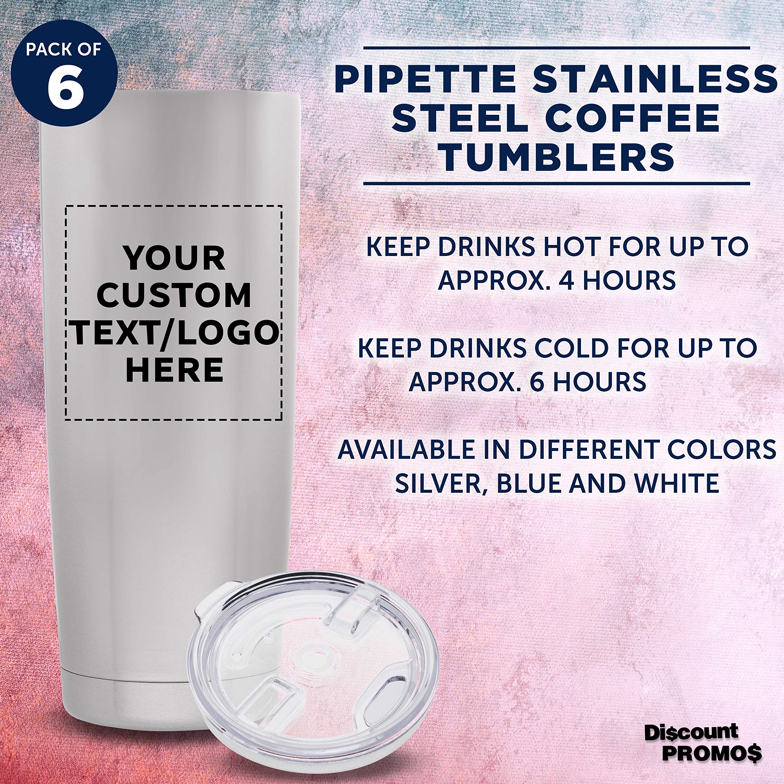 Personalized Stainless Steel Coffee Tumblers 20 oz (Set of 6) - Double Wall Vacuum Insulated Custom Pipette Design - Keeps Hot & Cold Beverages Perfect Temperature - Ideal for Coffee, Tea, Hot Cocoa, Iced Drinks - Great for Office, Travel, Camping, Gifts (Silver)