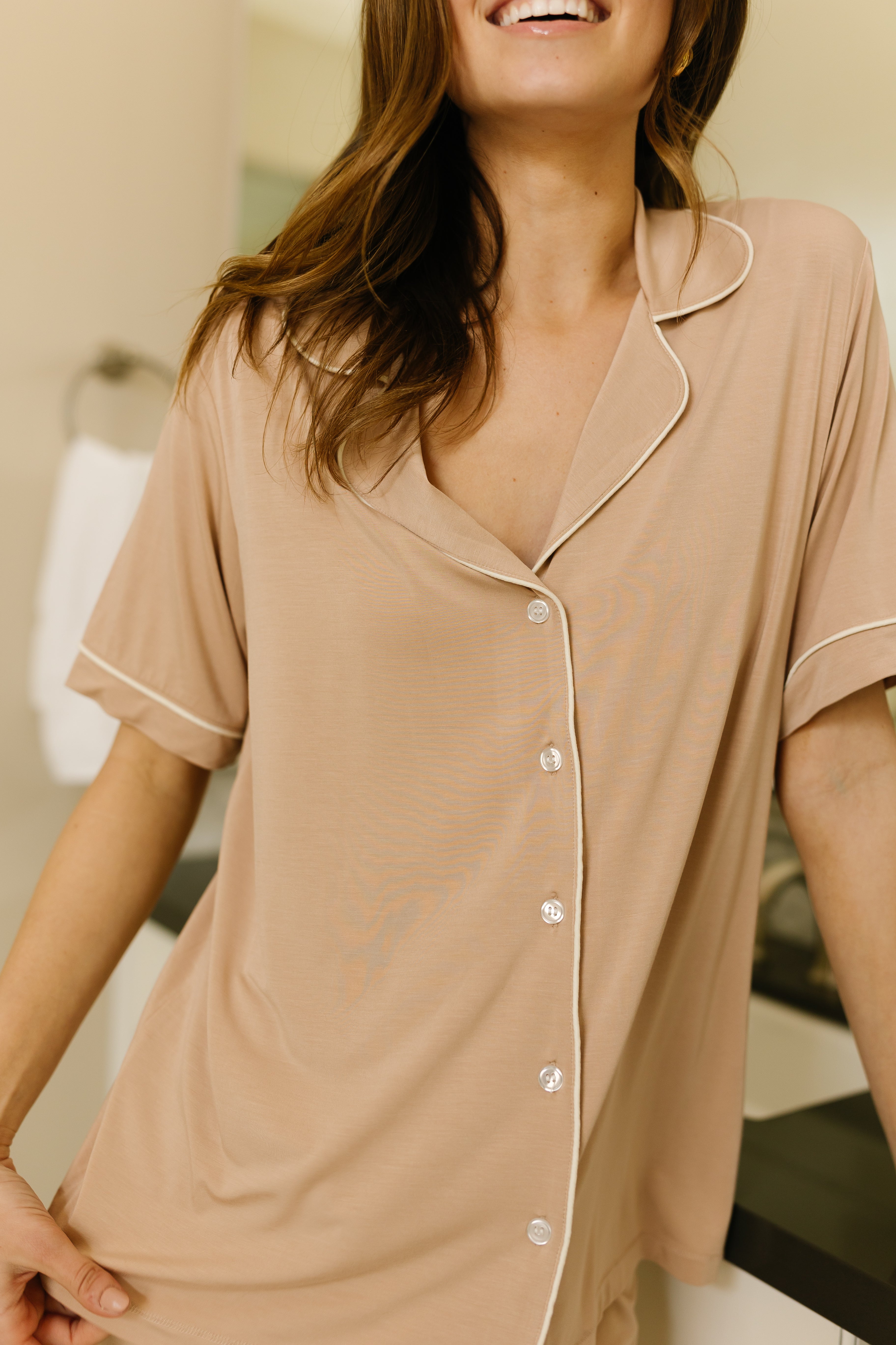 Premium Almond Color Short Sleeve Pajama Set - Soft & Comfortable Sleepwear for Women - Perfect for Lounging, Sleepovers and Relaxing at Home
